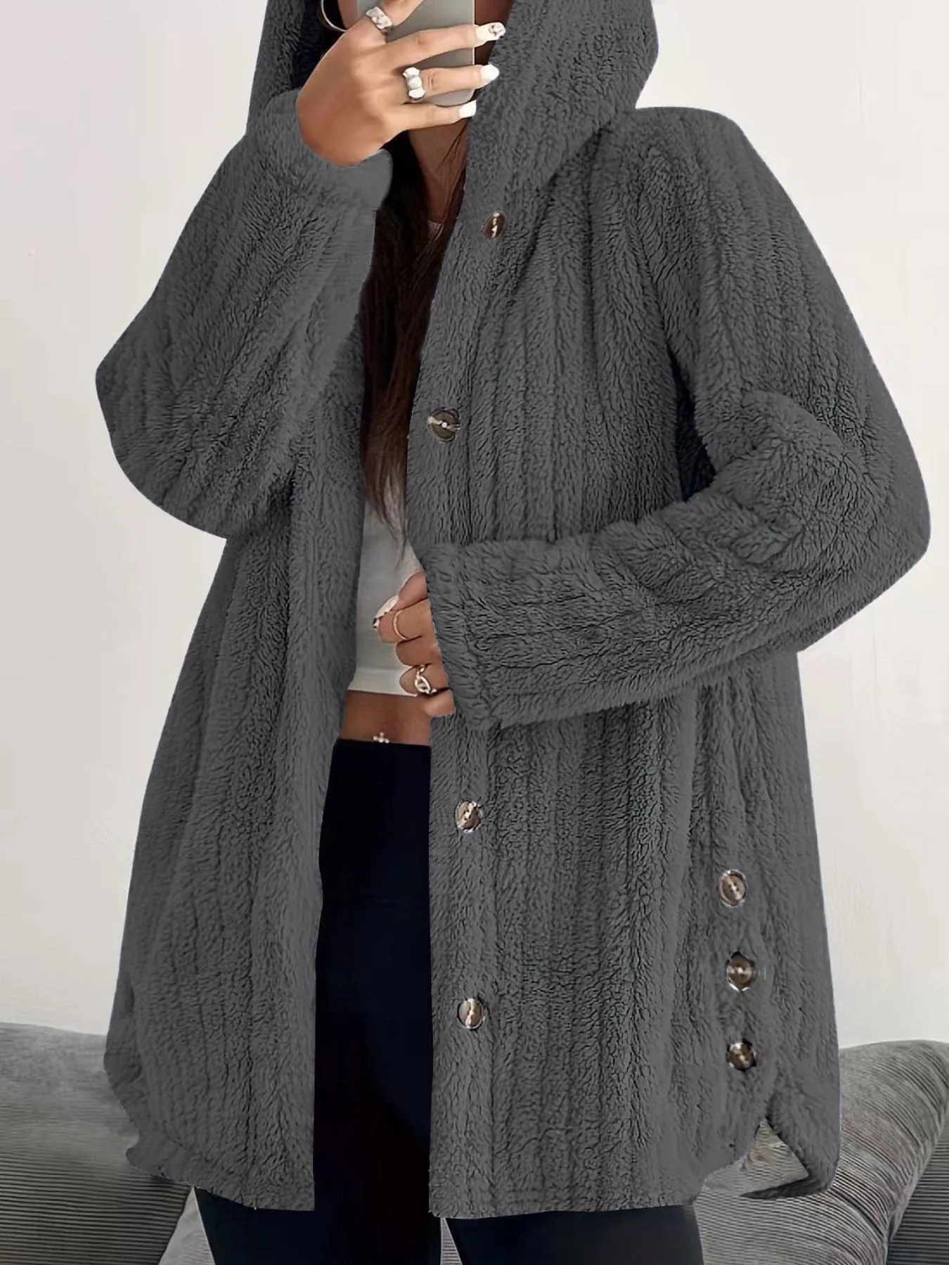 Full Size Fleece Button Up Hooded Outerwear Plus Size - Image 23