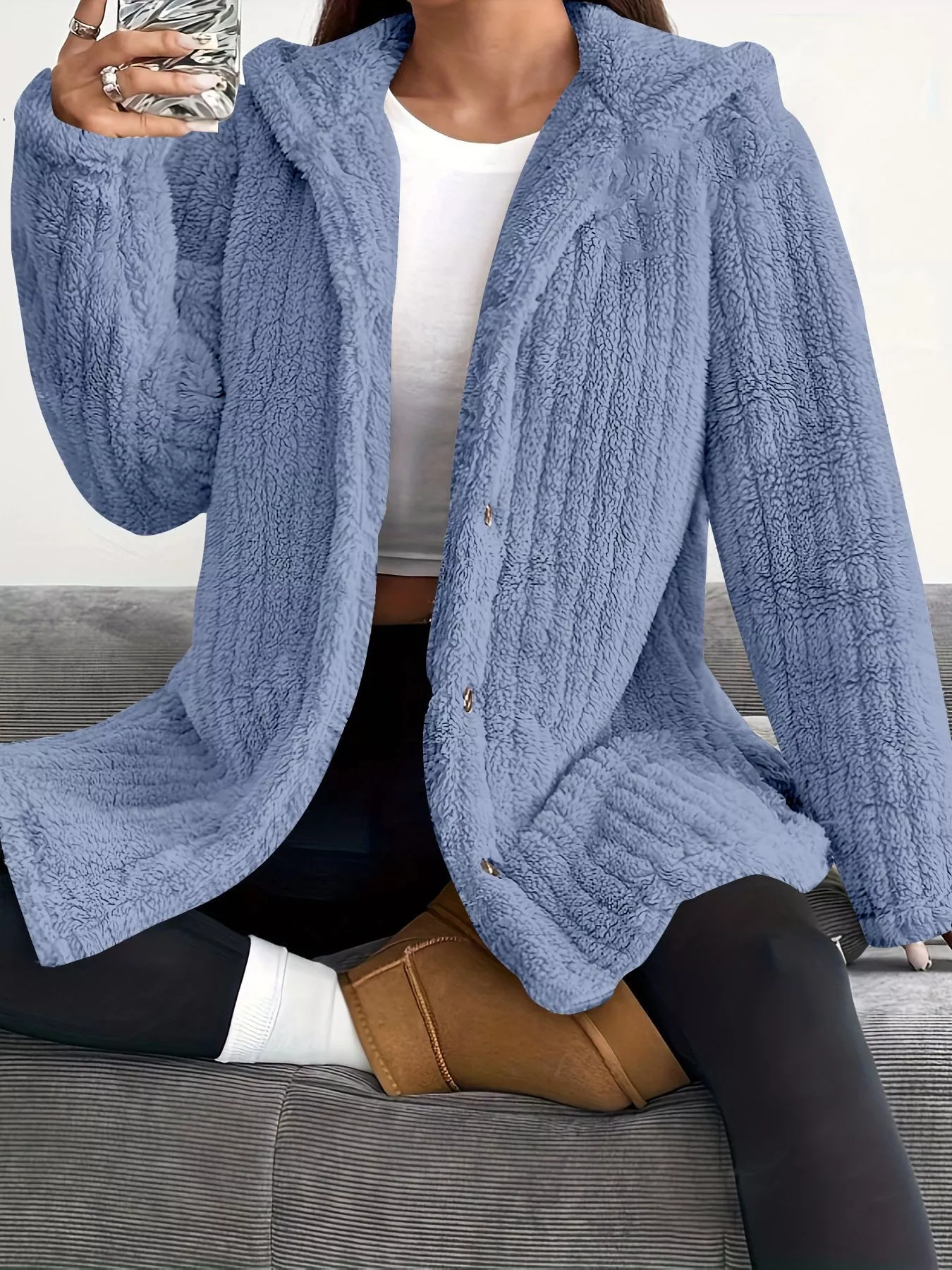 Full Size Fleece Button Up Hooded Outerwear Plus Size - Image 5