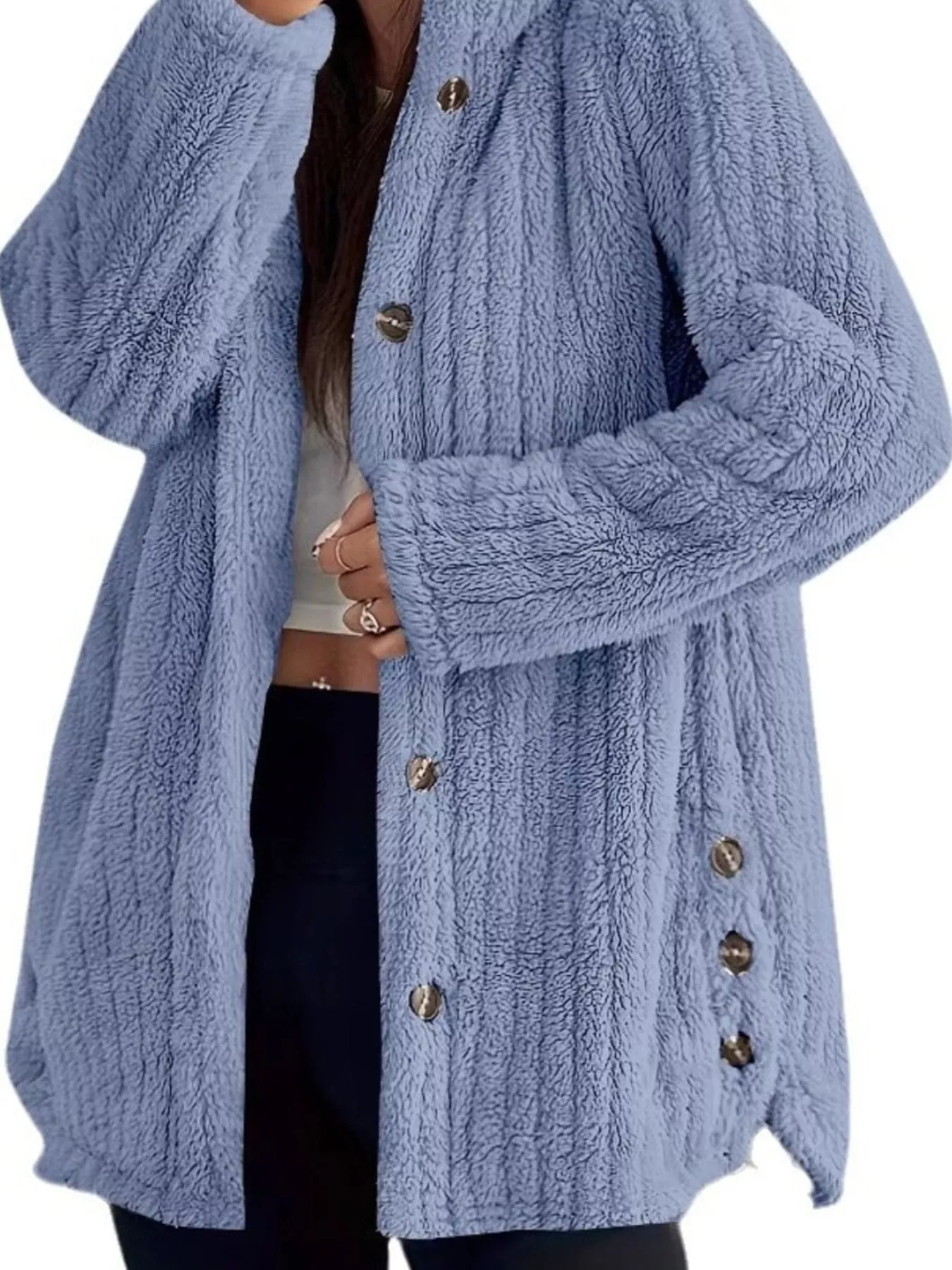 Full Size Fleece Button Up Hooded Outerwear Plus Size - Image 7