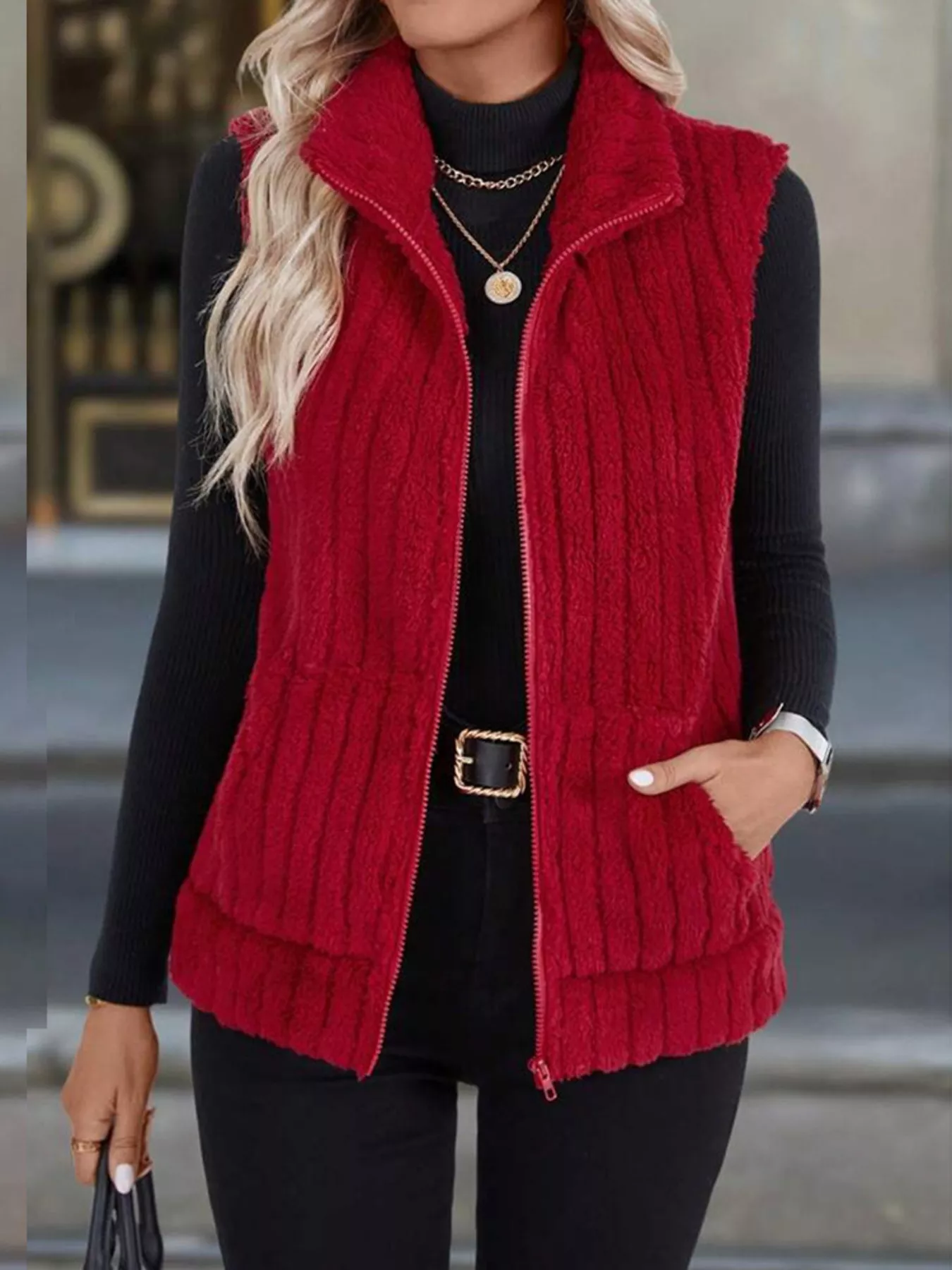 Full Size Fleece Zip-Up Vest Coat Plus Size - Image 13