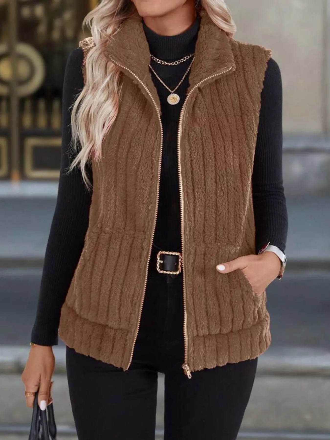 Full Size Fleece Zip-Up Vest Coat Plus Size - Image 4