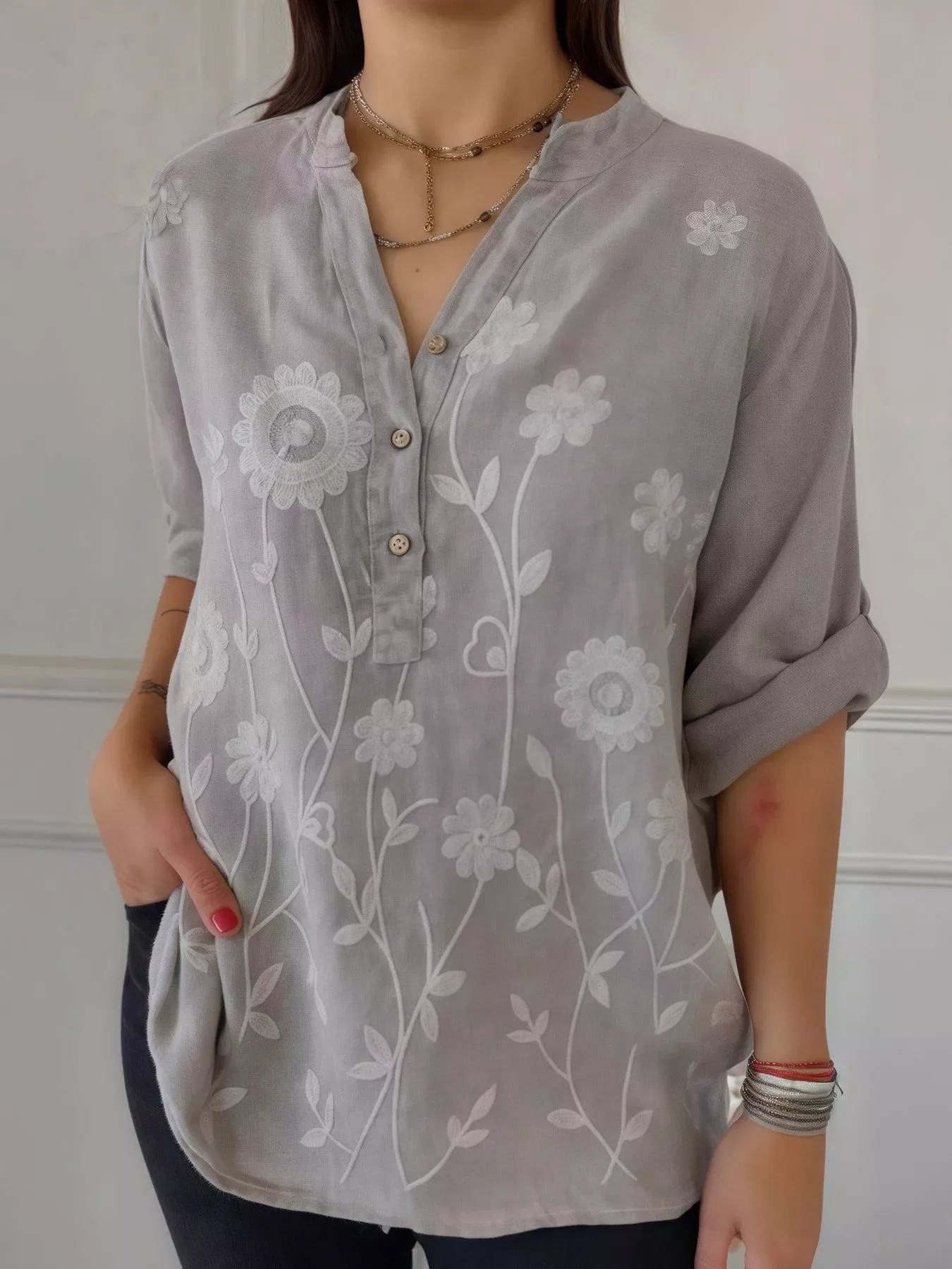 Full Size Floral Embroidered Button Detail Blouse Plus Size - Image 7