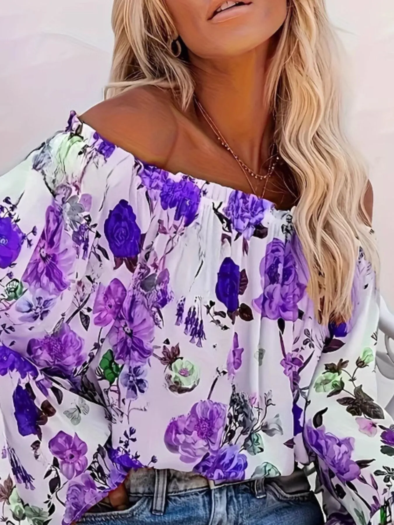Full Size Floral Off-Shoulder Bell Sleeve Blouse Plus Size - Image 3