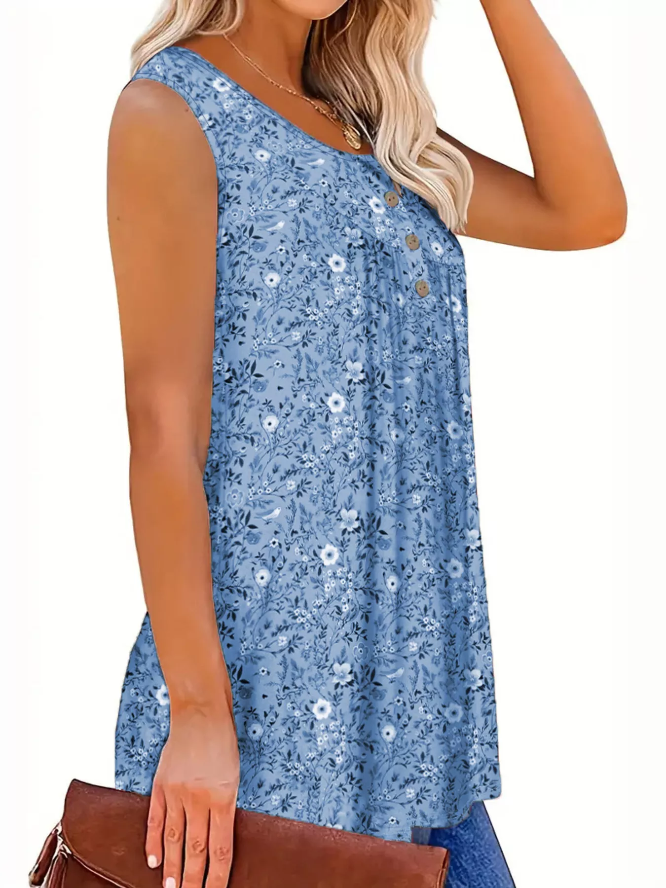 Full Size Floral Print Button Detail Tank Plus Size - Image 13