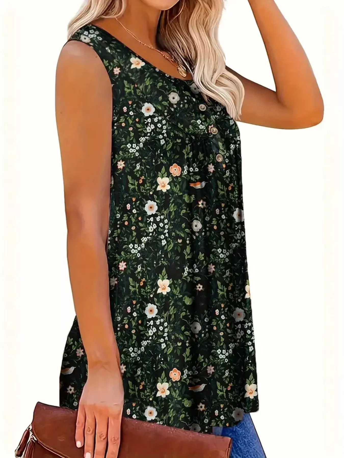 Full Size Floral Print Button Detail Tank Plus Size - Image 4