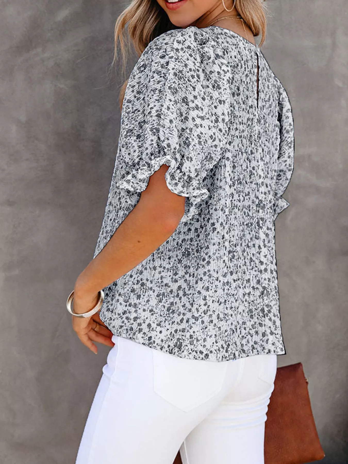 Full Size Floral Print Ruffle Sleeve Blouse Plus Size - Image 3