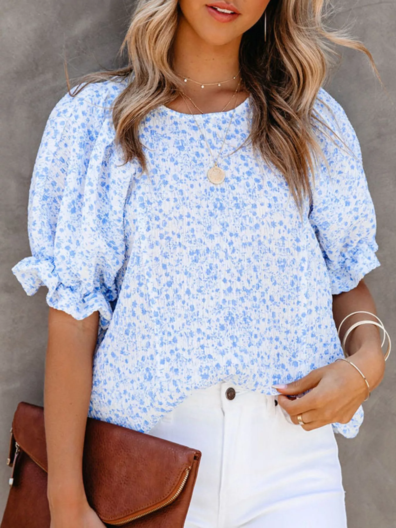 Full Size Floral Print Ruffle Sleeve Blouse Plus Size - Image 5