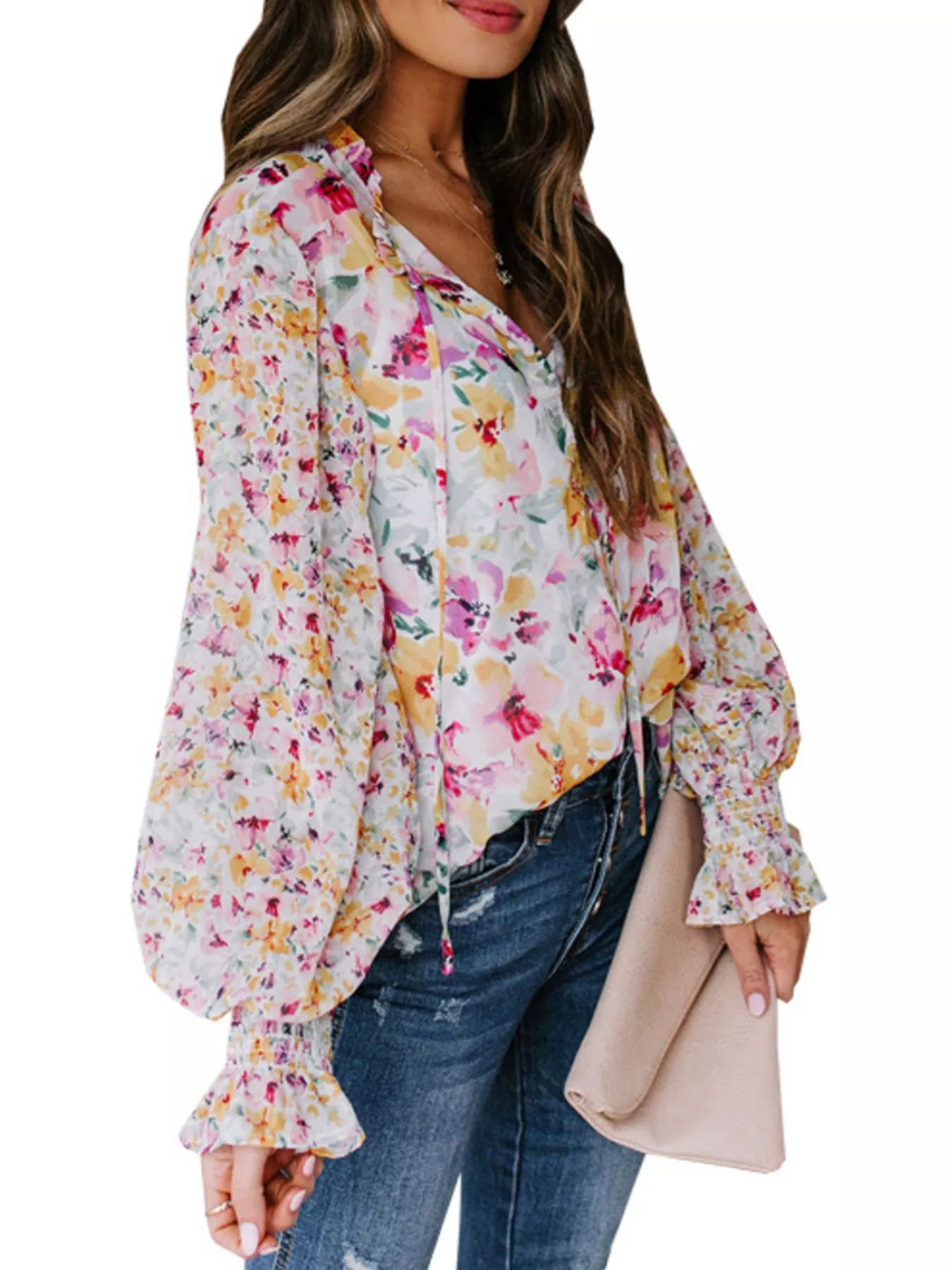 Full Size Floral Print Smocked Cuff Blouse Plus Size - Image 2