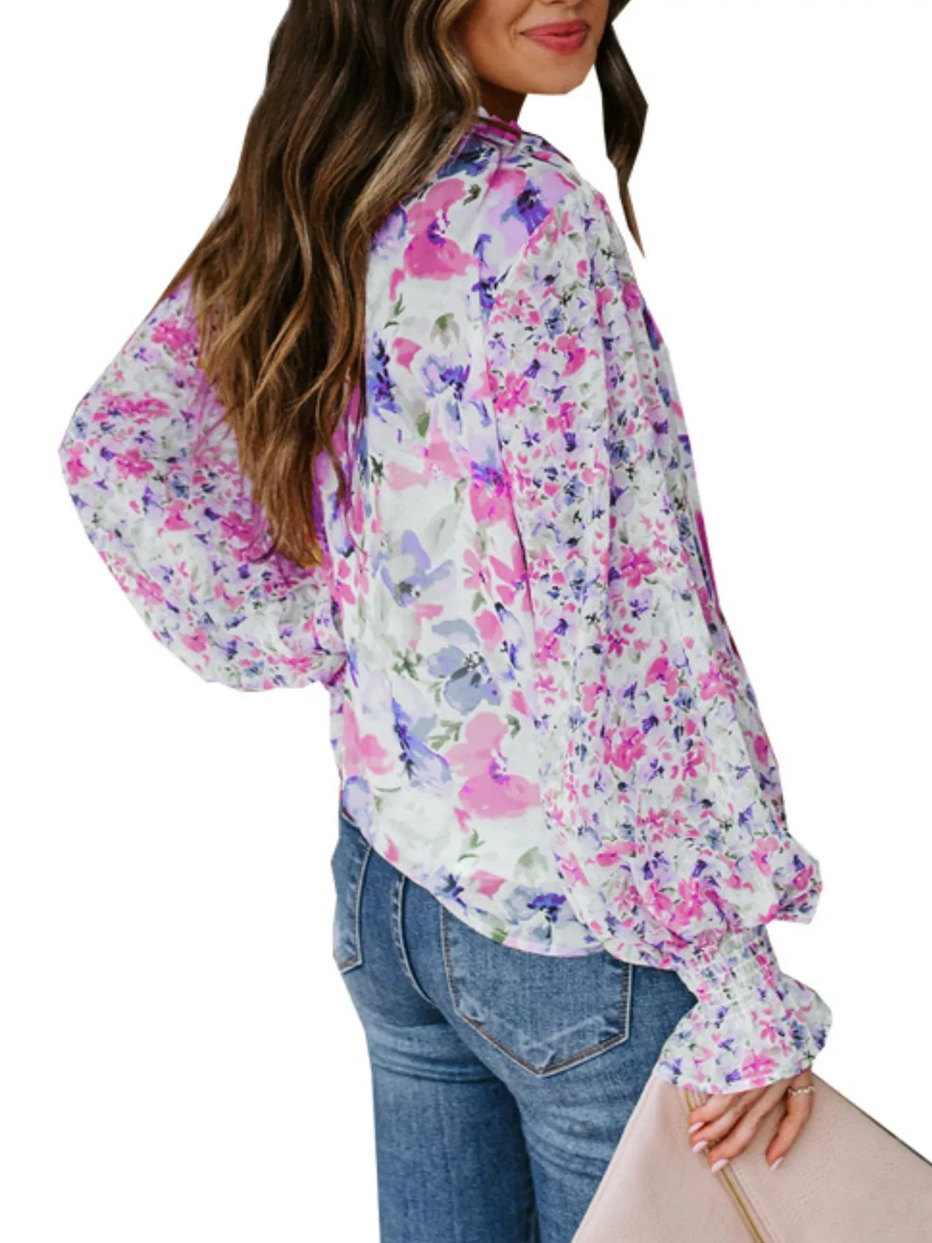 Full Size Floral Print Smocked Cuff Blouse Plus Size - Image 6