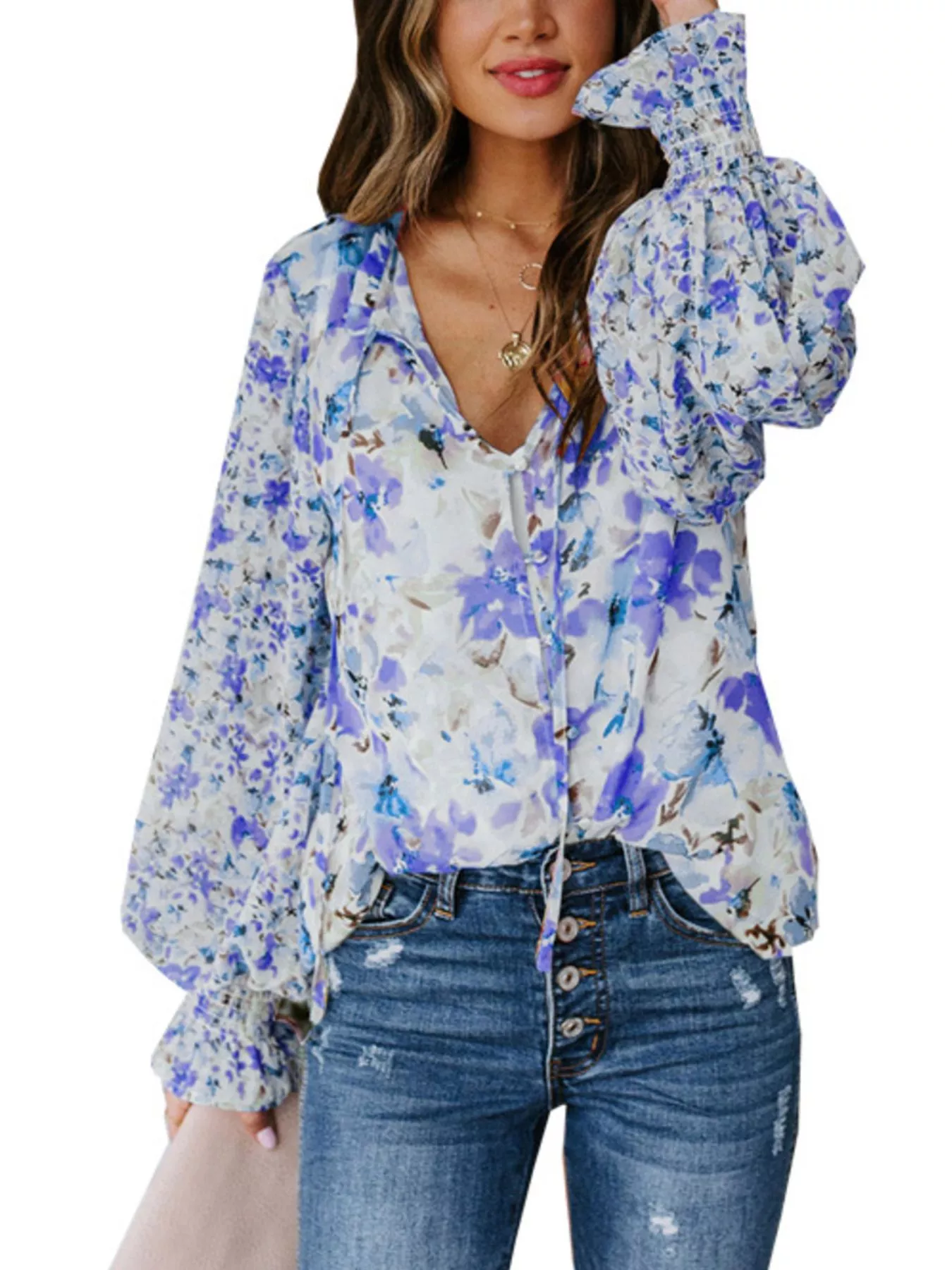 Full Size Floral Print Smocked Cuff Blouse Plus Size - Image 7