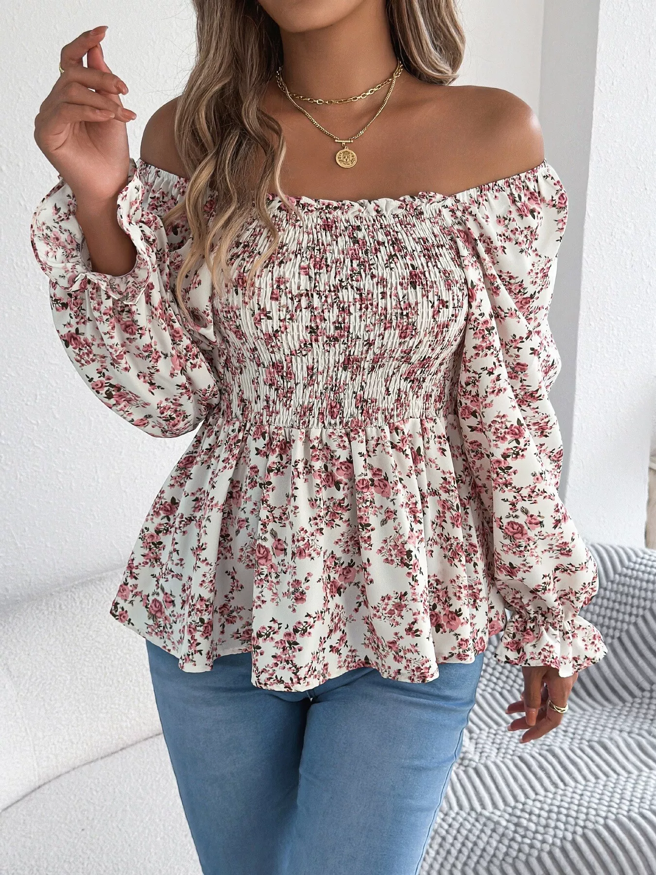 Full Size Floral Print Smocked Long Sleeve Blouse Plus Size - Image 17