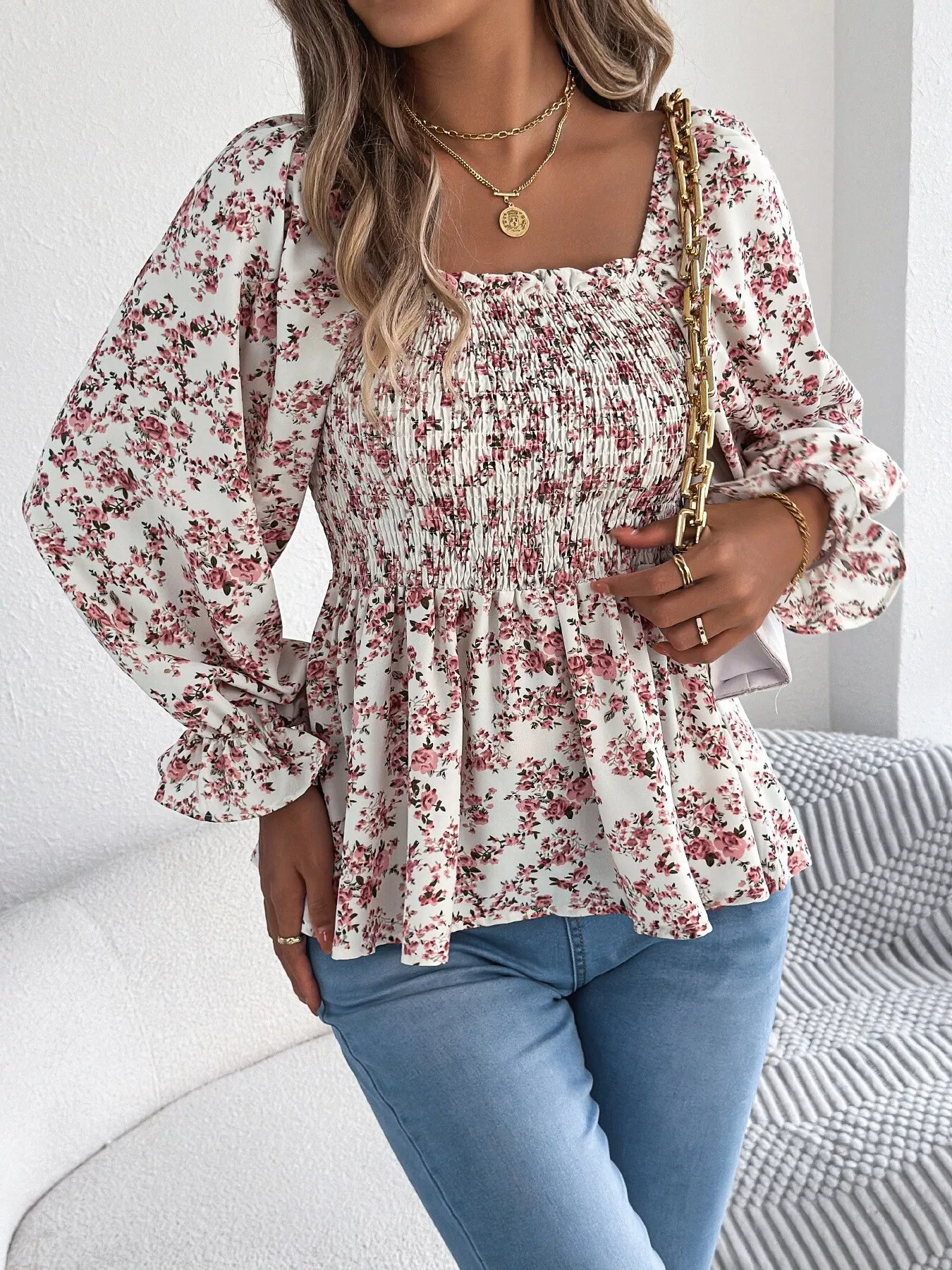 Full Size Floral Print Smocked Long Sleeve Blouse Plus Size - Image 20
