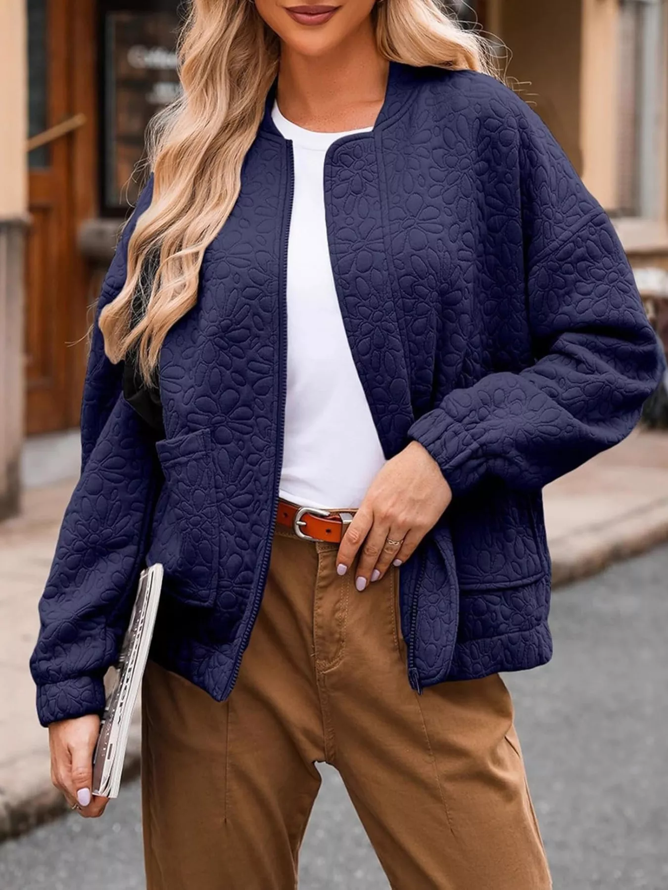 Full Size Floral Quilted Zip Up Jacket Plus Size - Image 15