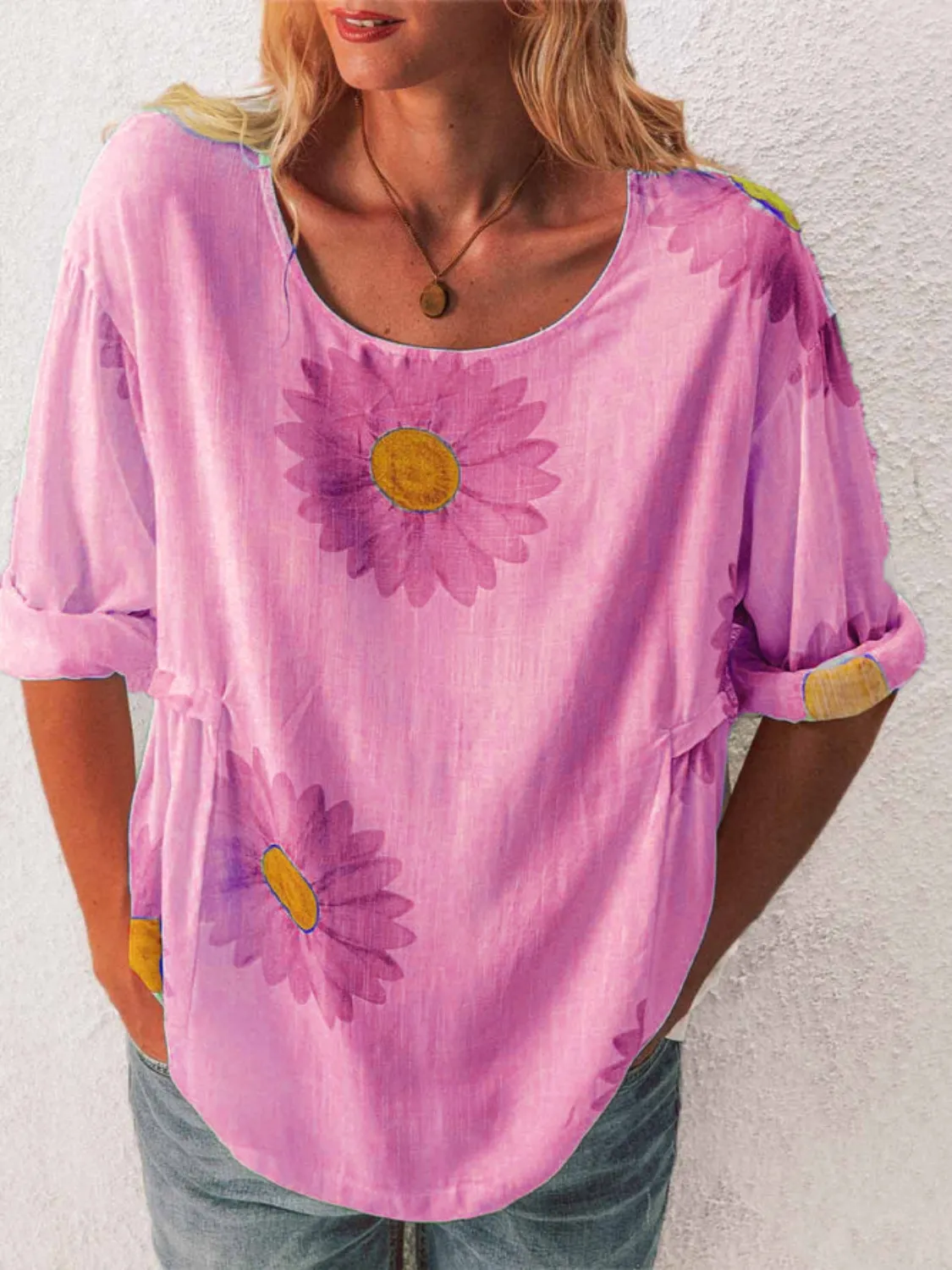 Full Size Flower Round Neck Half Sleeve T-Shirt Plus Size - Image 14