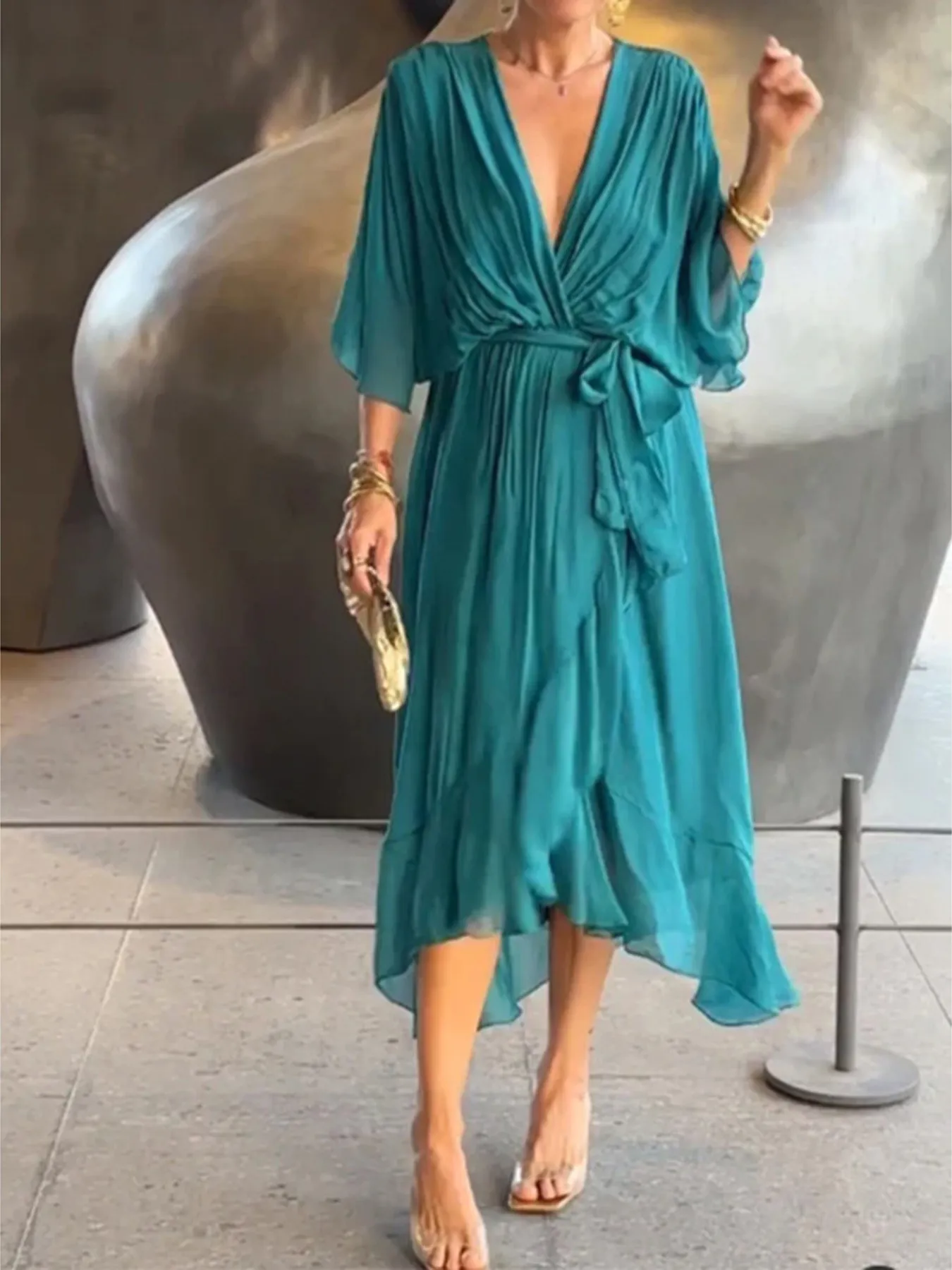 Full Size Flowy Tie Front Midi Dress with Flutter Sleeves Plus Size - Image 11
