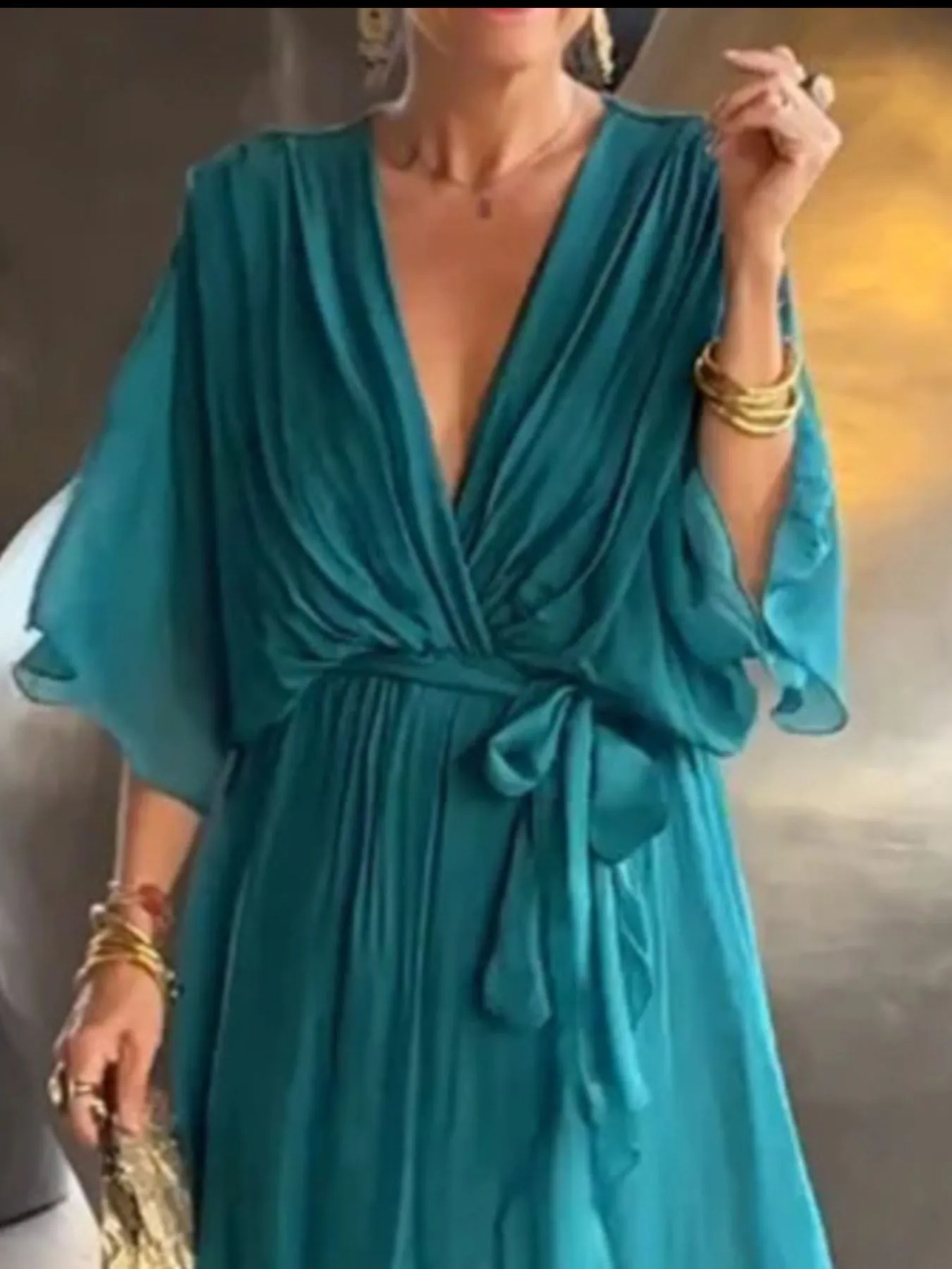 Full Size Flowy Tie Front Midi Dress with Flutter Sleeves Plus Size - Image 12