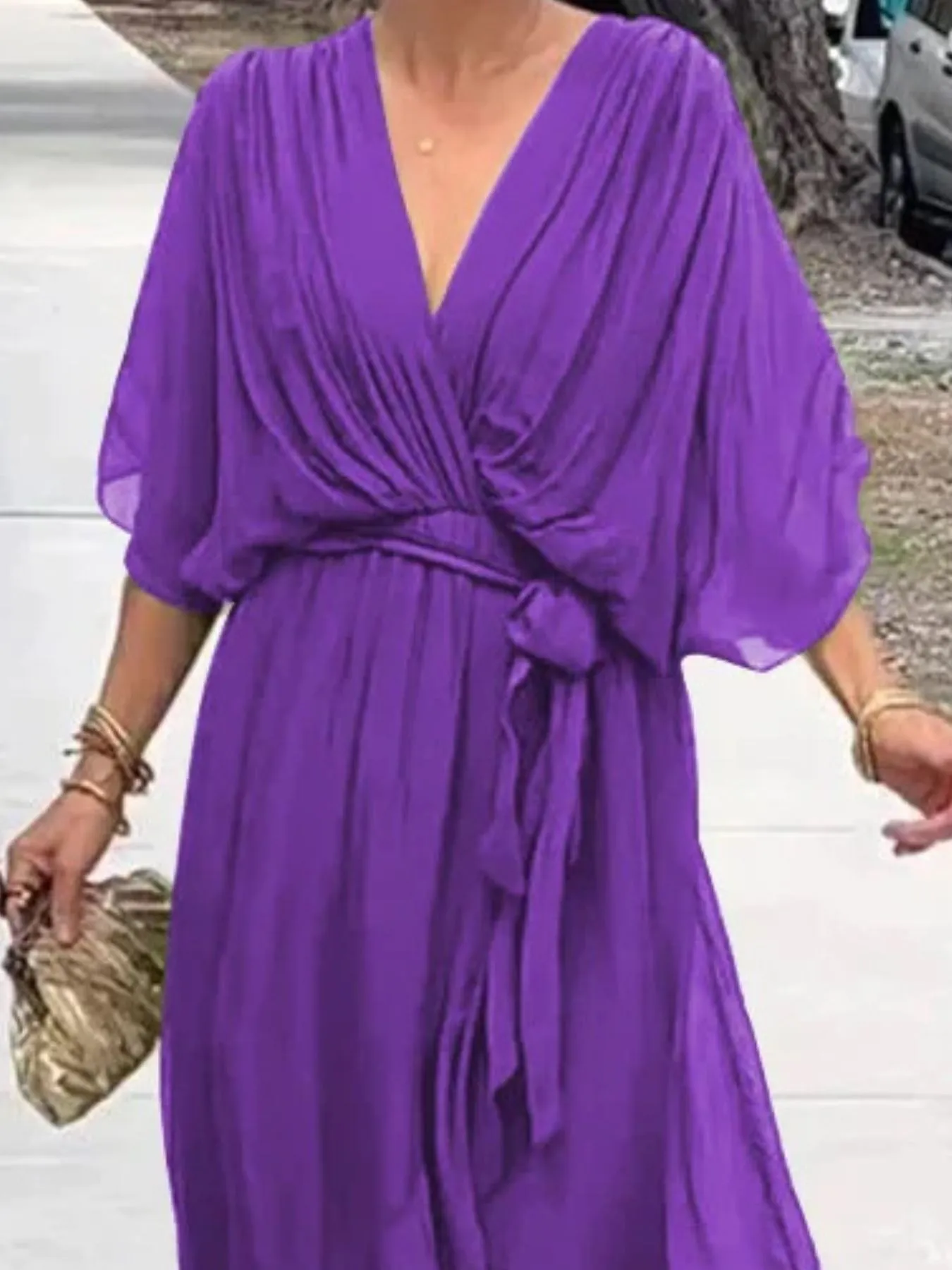 Full Size Flowy Tie Front Midi Dress with Flutter Sleeves Plus Size - Image 17