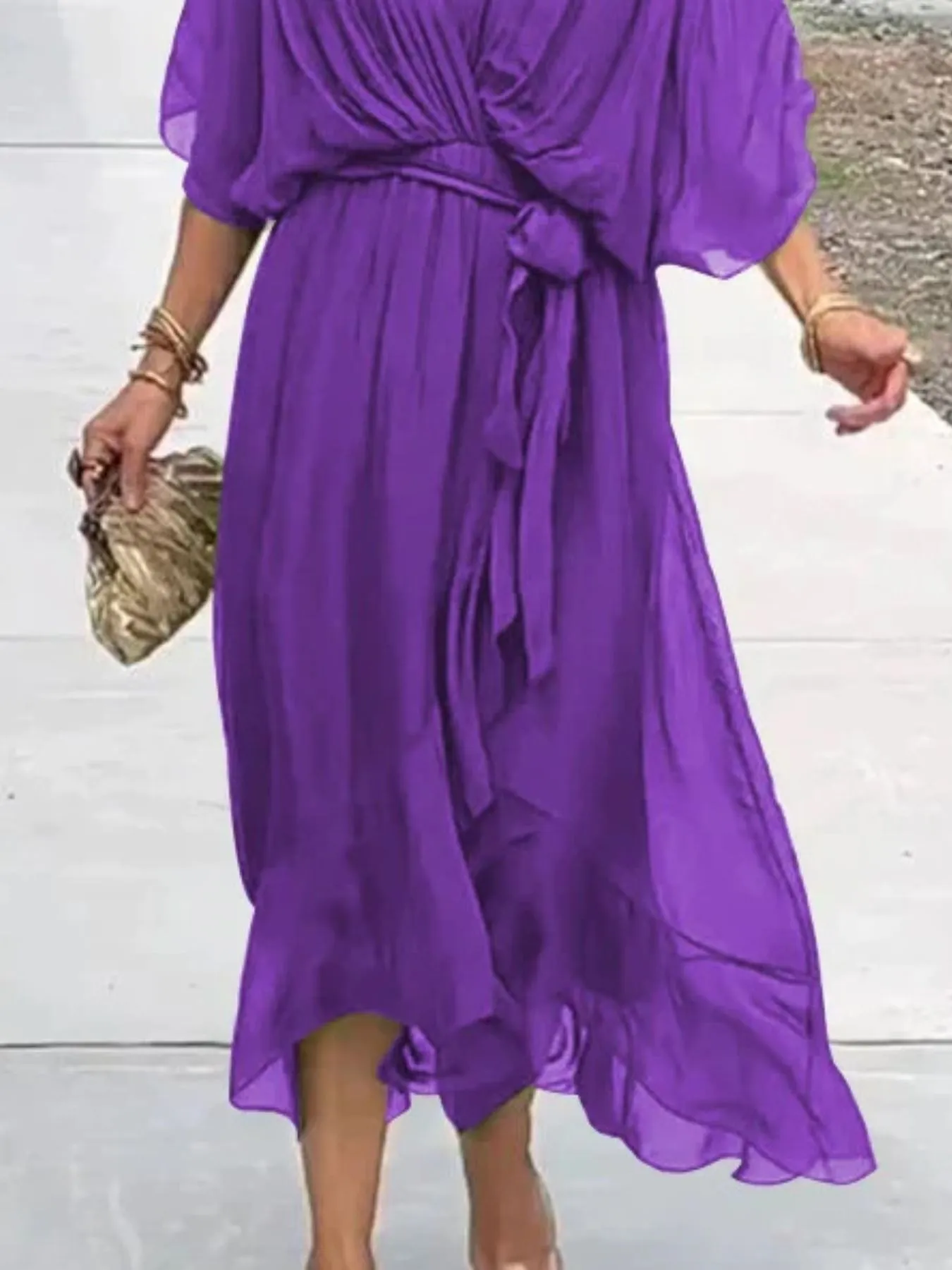 Full Size Flowy Tie Front Midi Dress with Flutter Sleeves Plus Size - Image 18
