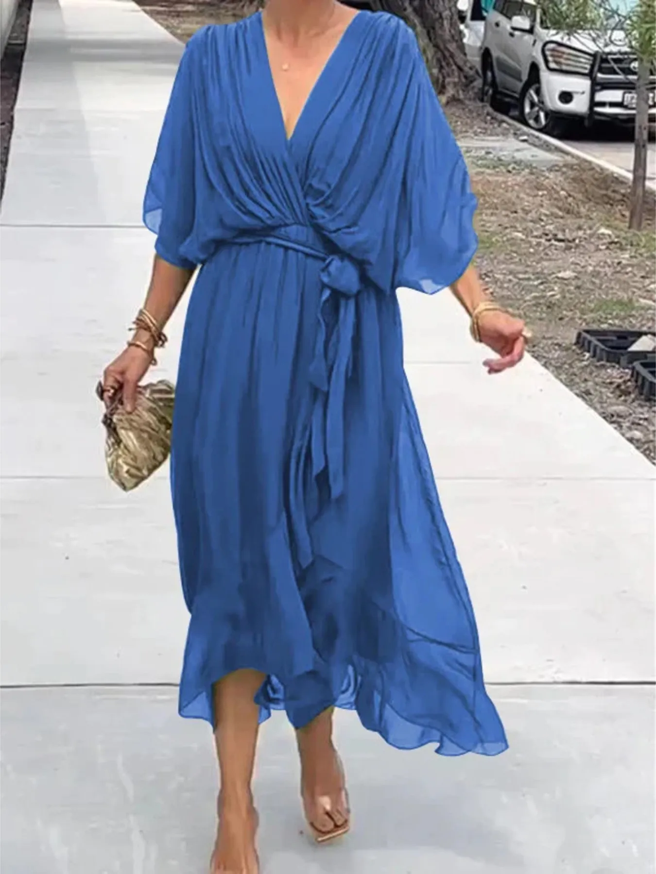 Full Size Flowy Tie Front Midi Dress with Flutter Sleeves Plus Size - Image 25