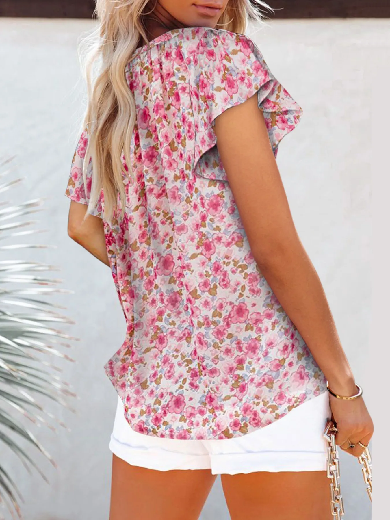 Full Size Flutter Sleeve Floral V-Neck Blouse Plus Size - Image 2
