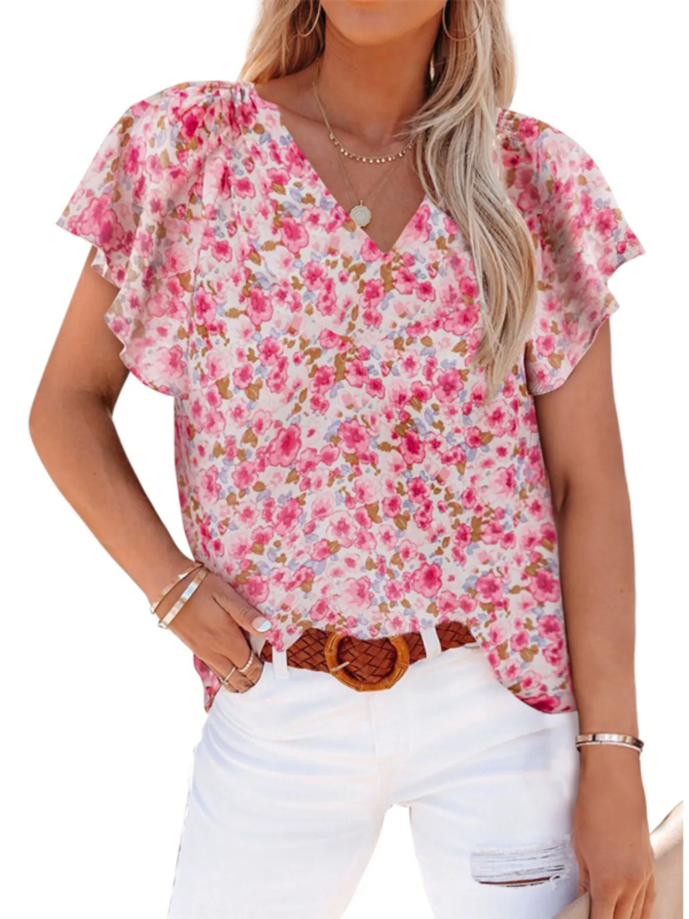 Full Size Flutter Sleeve Floral V-Neck Blouse Plus Size - Image 3