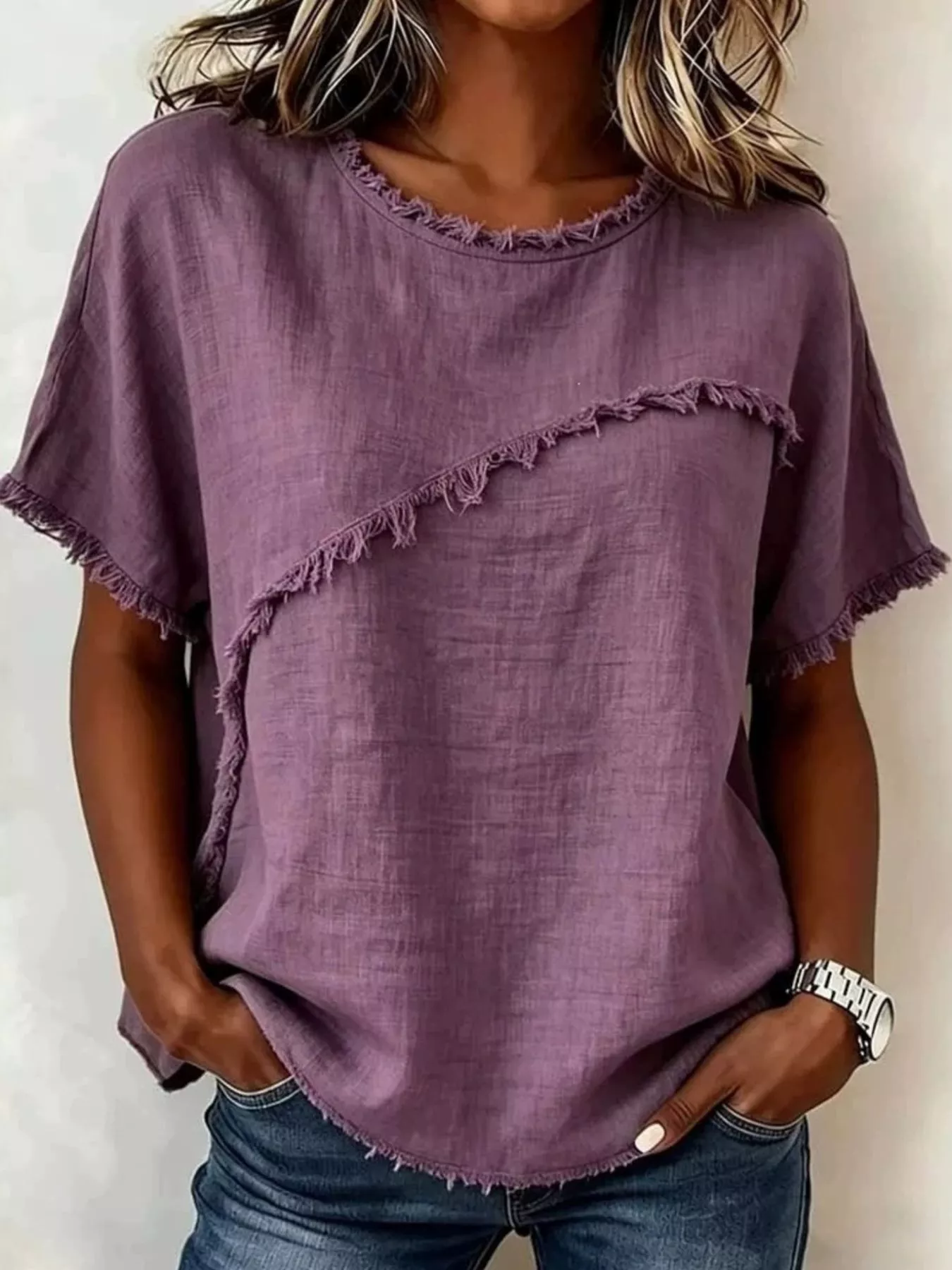 Full Size Frayed Hem Short Sleeve Top Plus Size - Image 10