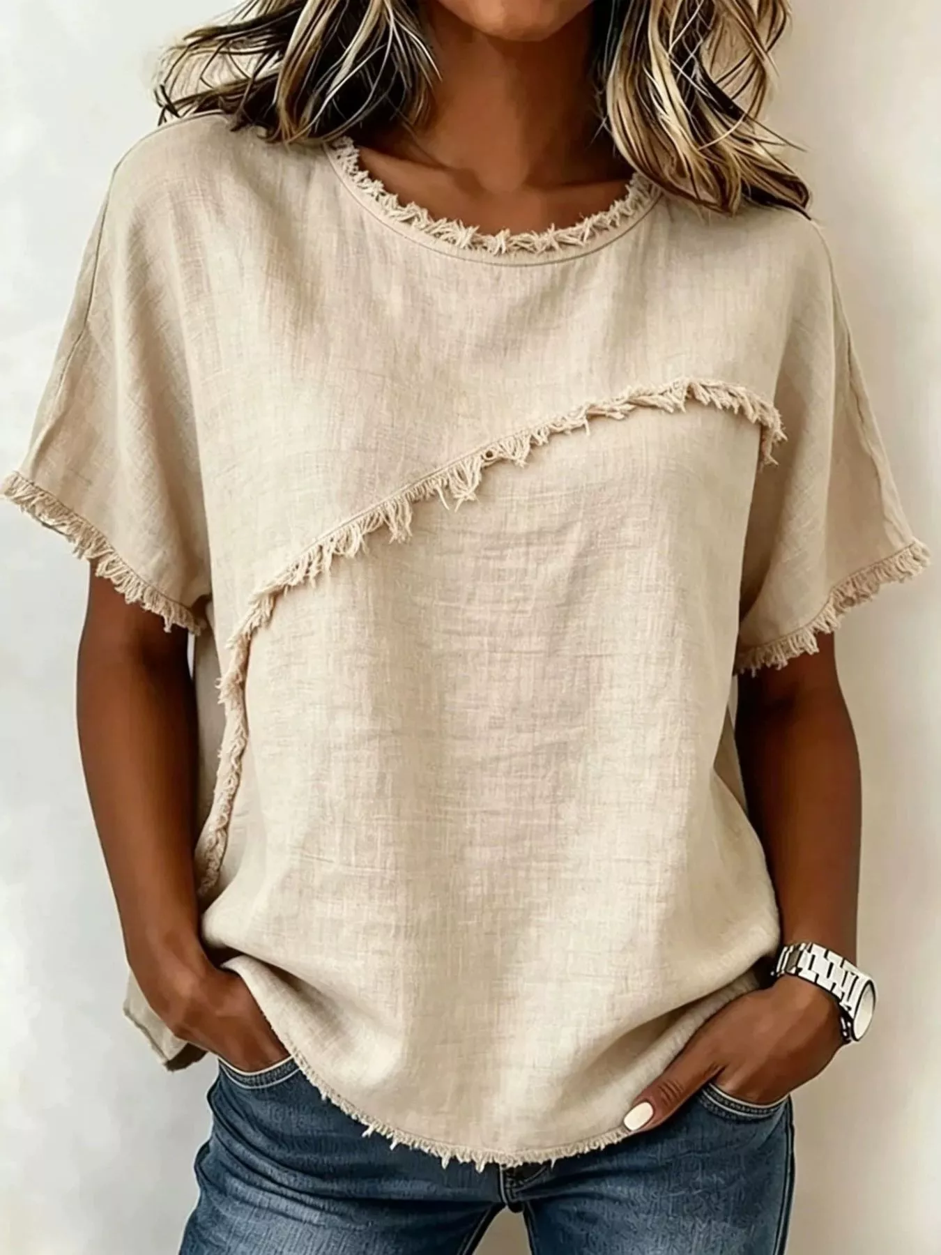 Full Size Frayed Hem Short Sleeve Top Plus Size - Image 7