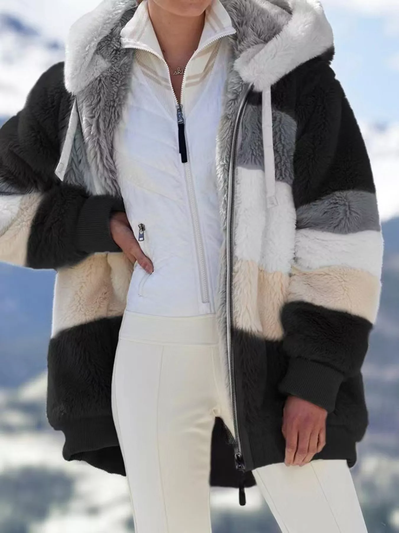 Full Size Fuzzy Zip Up Hooded Outerwear Plus Size - Image 12