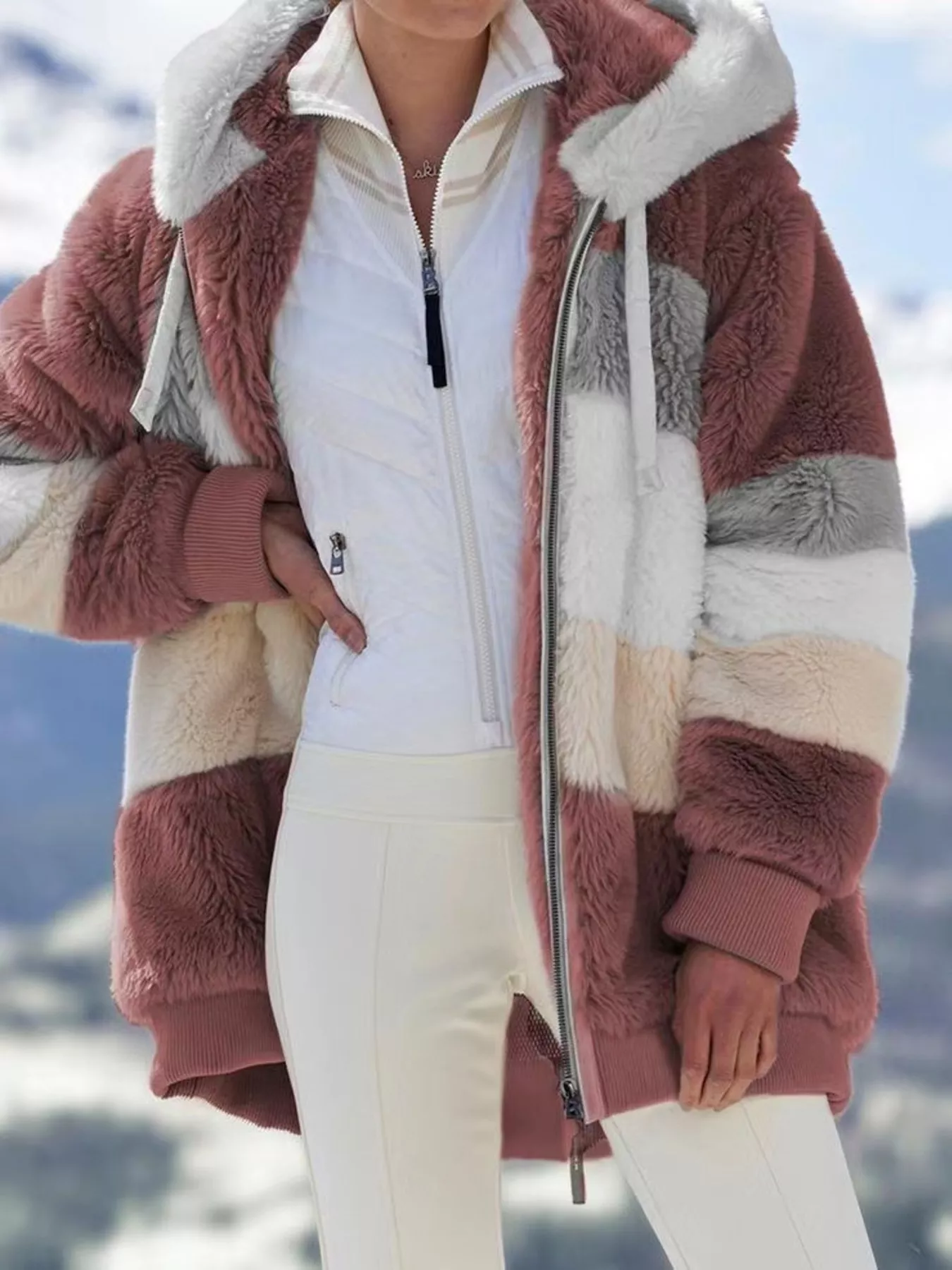 Full Size Fuzzy Zip Up Hooded Outerwear Plus Size - Image 5