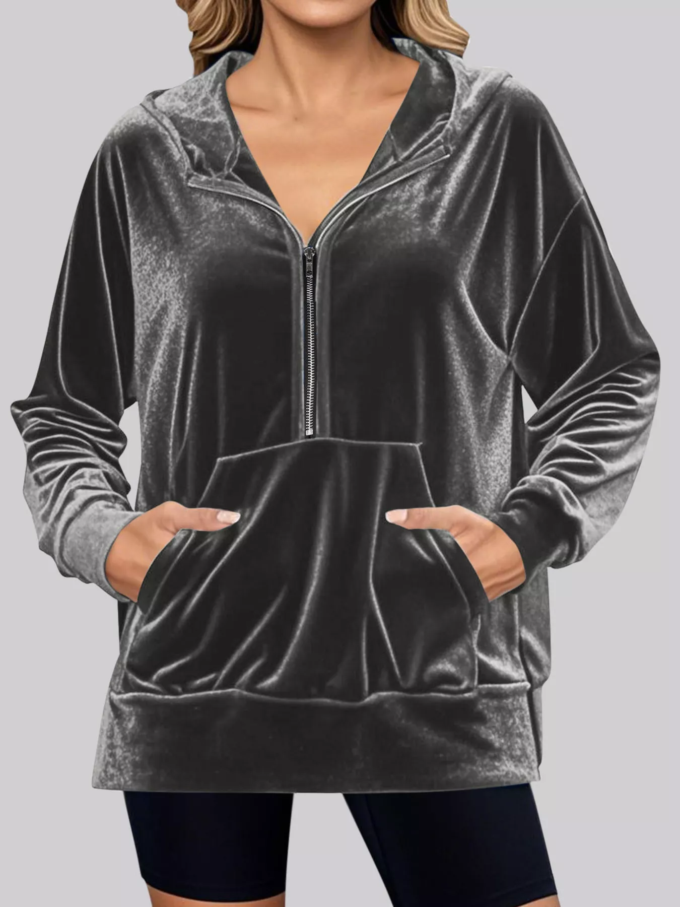 Full Size Half Zip Kangaroo Pocket Hoodie Plus Size - Image 4