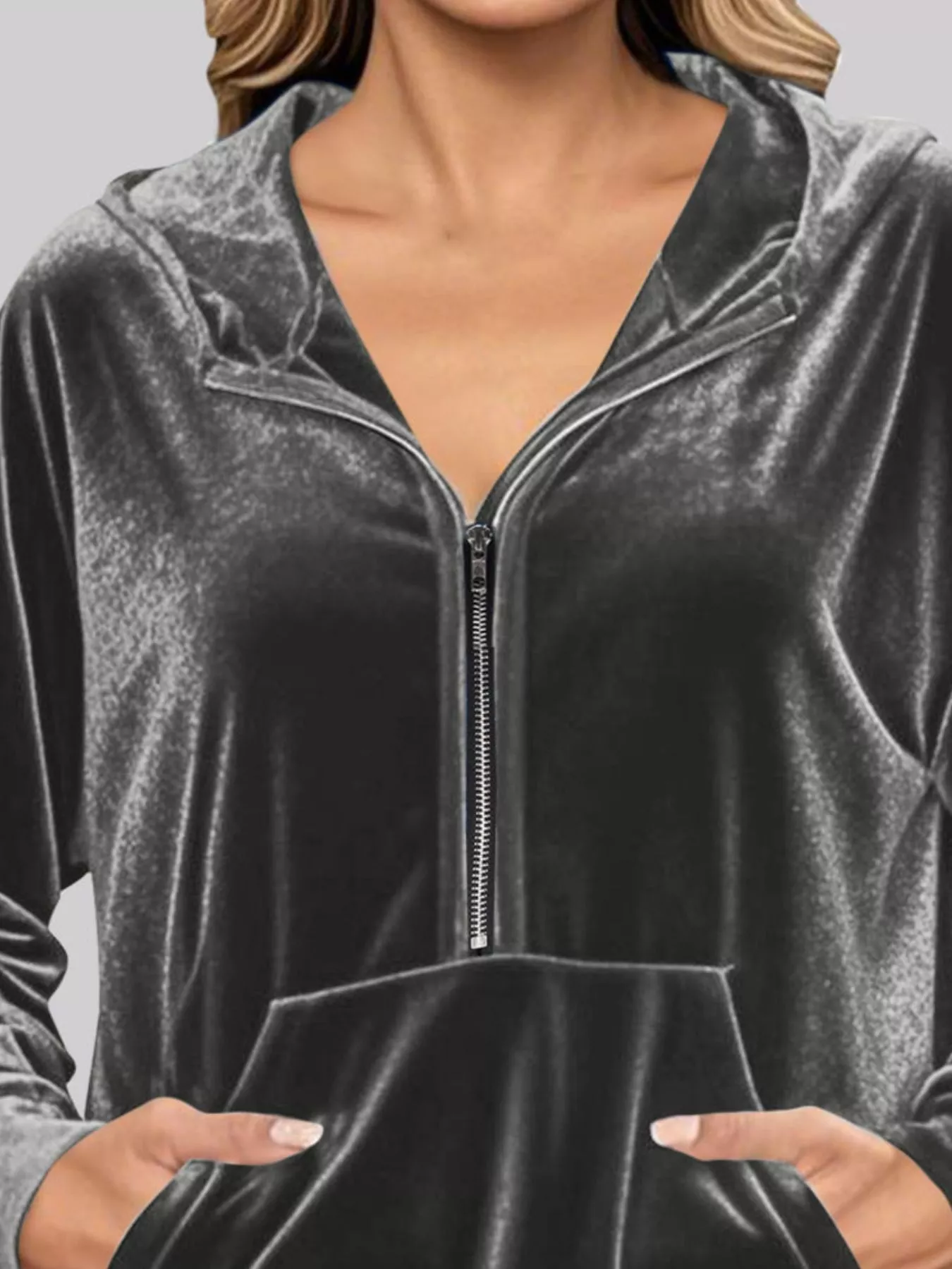 Full Size Half Zip Kangaroo Pocket Hoodie Plus Size - Image 5