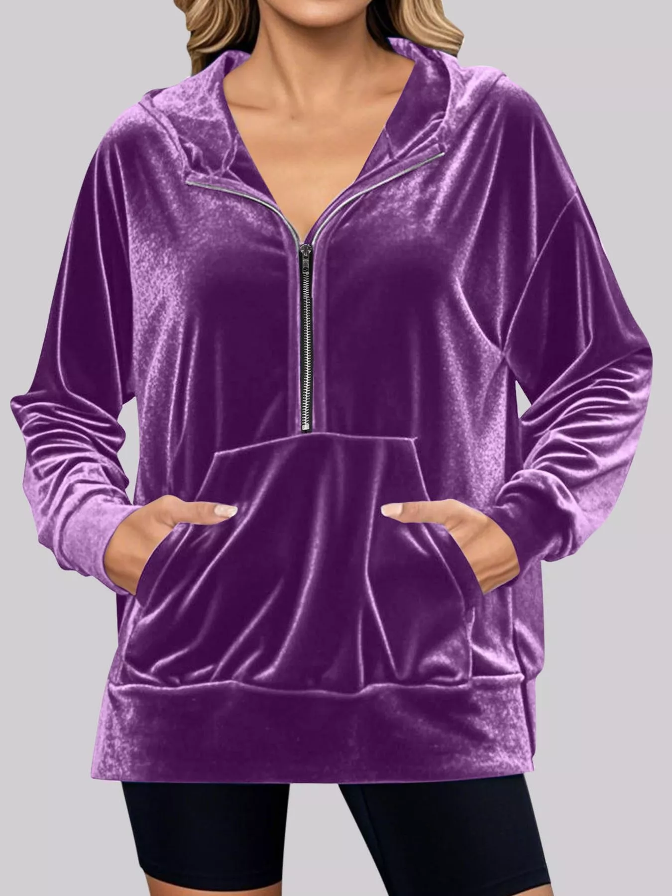 Full Size Half Zip Kangaroo Pocket Hoodie Plus Size - Image 7