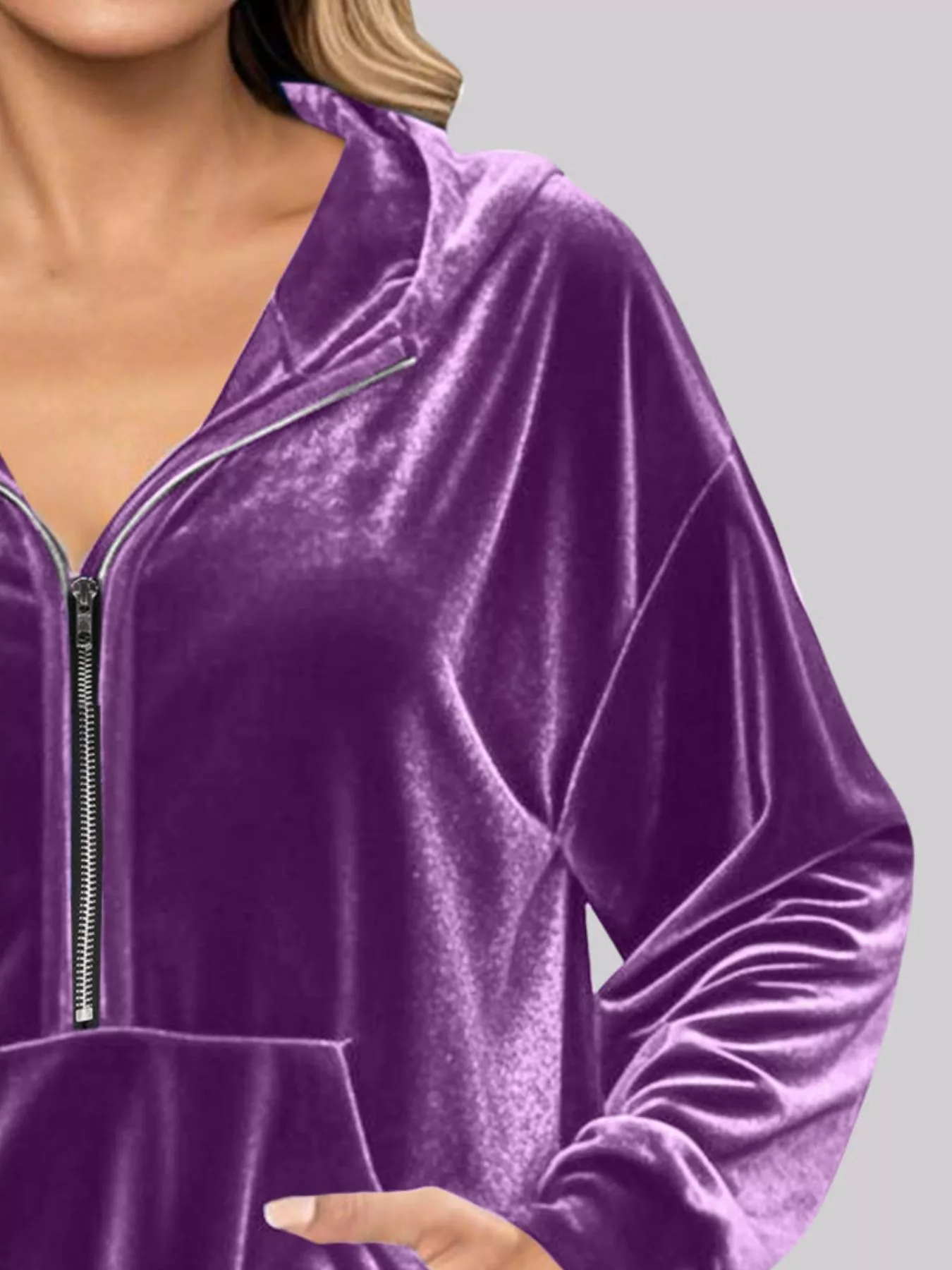 Full Size Half Zip Kangaroo Pocket Hoodie Plus Size - Image 8
