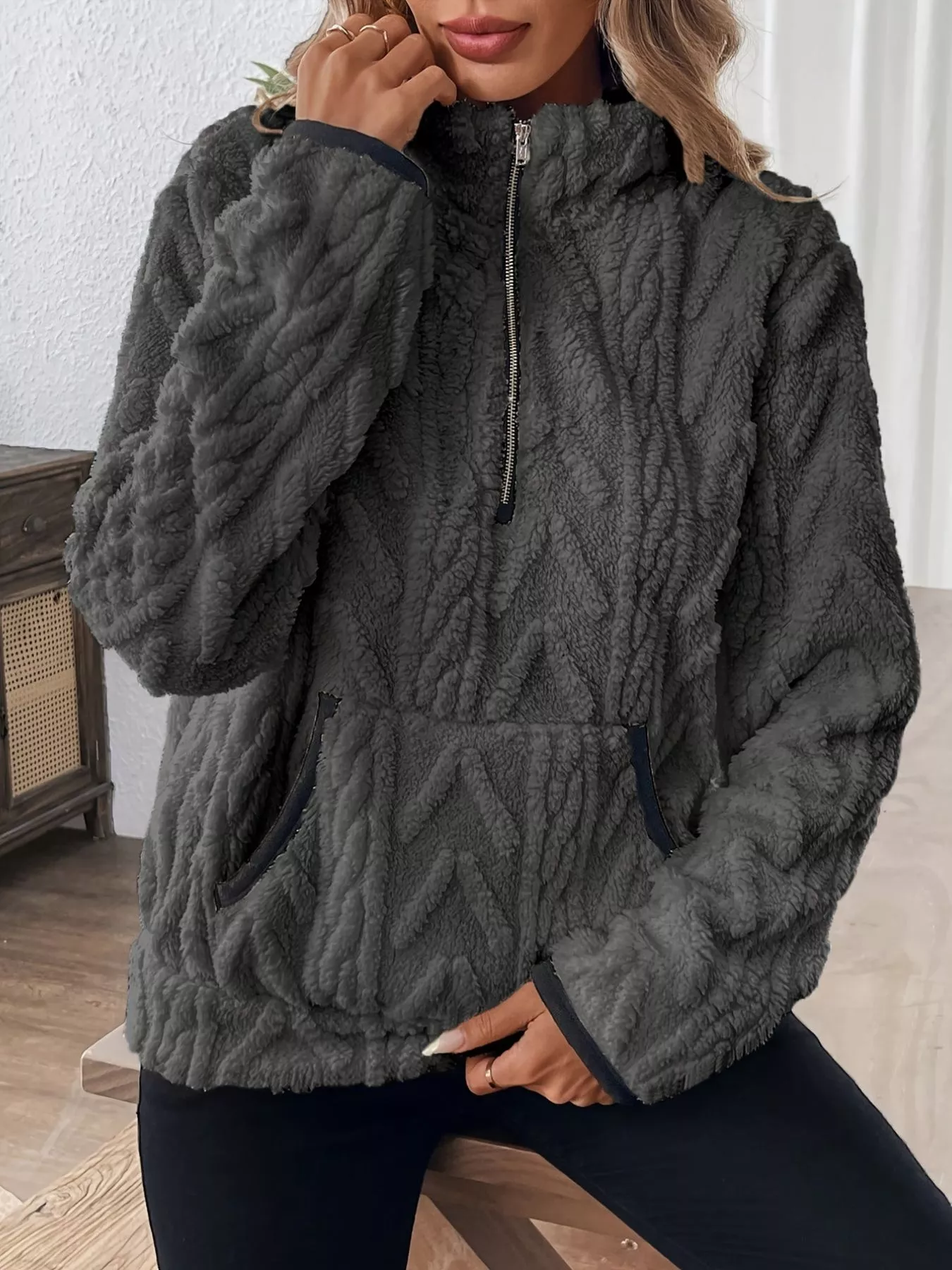 Full Size Half Zip Kangaroo Pocket Sweatshirt Plus Size - Image 20