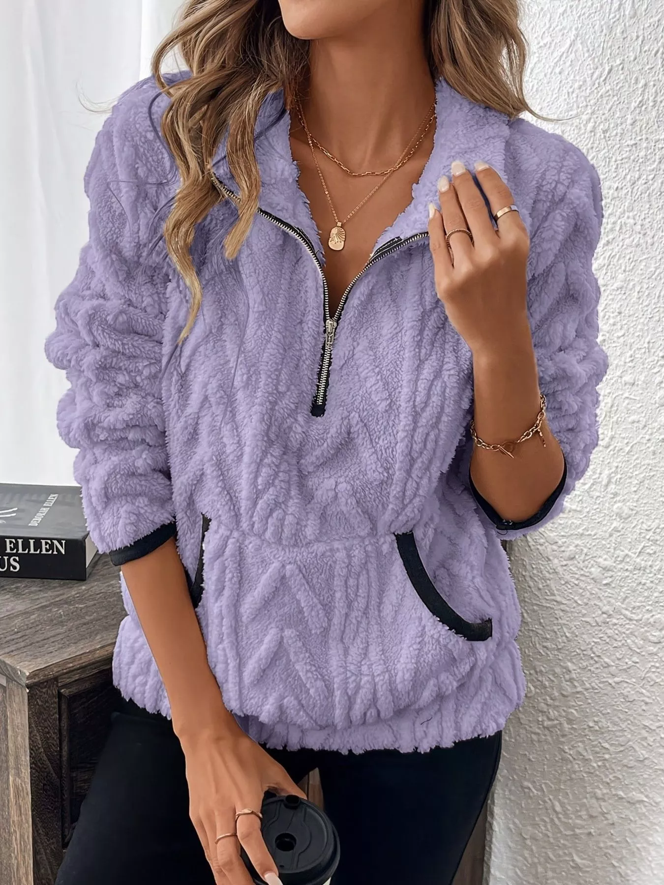 Full Size Half Zip Kangaroo Pocket Sweatshirt Plus Size - Image 21