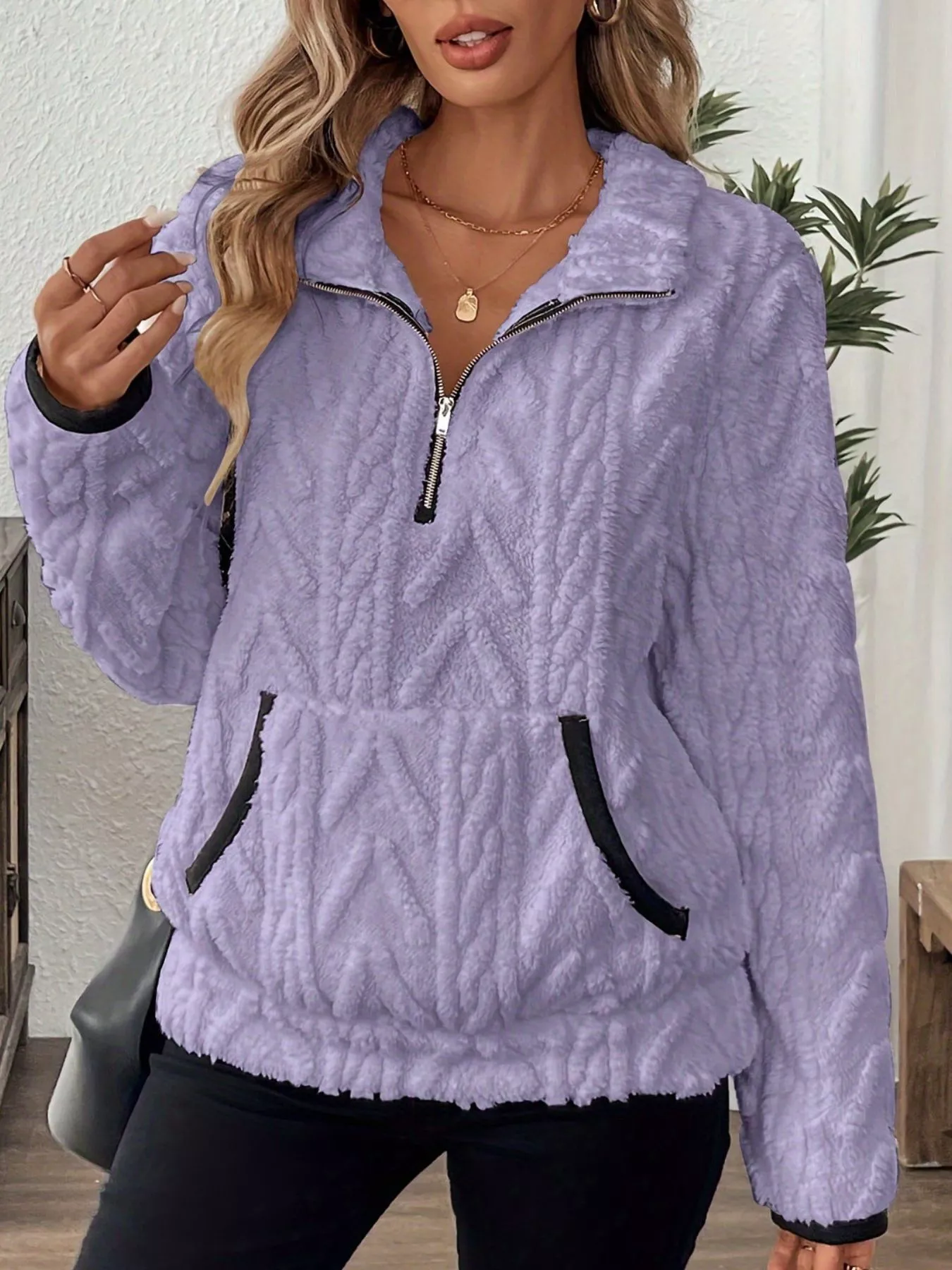 Full Size Half Zip Kangaroo Pocket Sweatshirt Plus Size - Image 22
