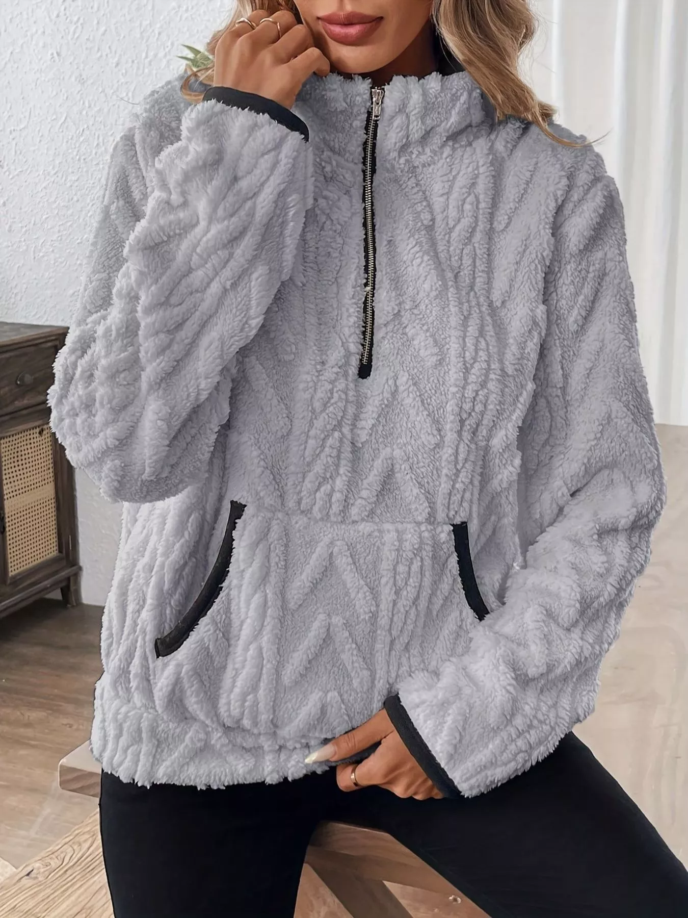 Full Size Half Zip Kangaroo Pocket Sweatshirt Plus Size - Image 25