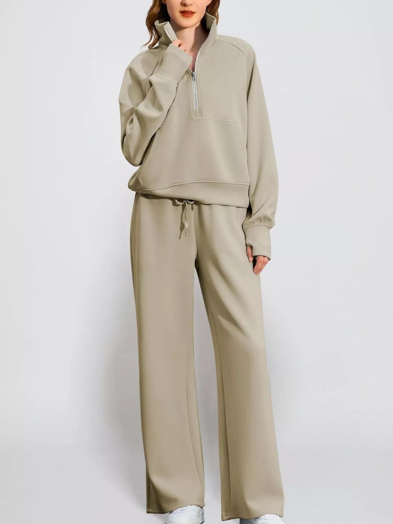 Full Size Half-Zip Sweatshirt and Wide-Leg Pants Set Plus Size - Image 19