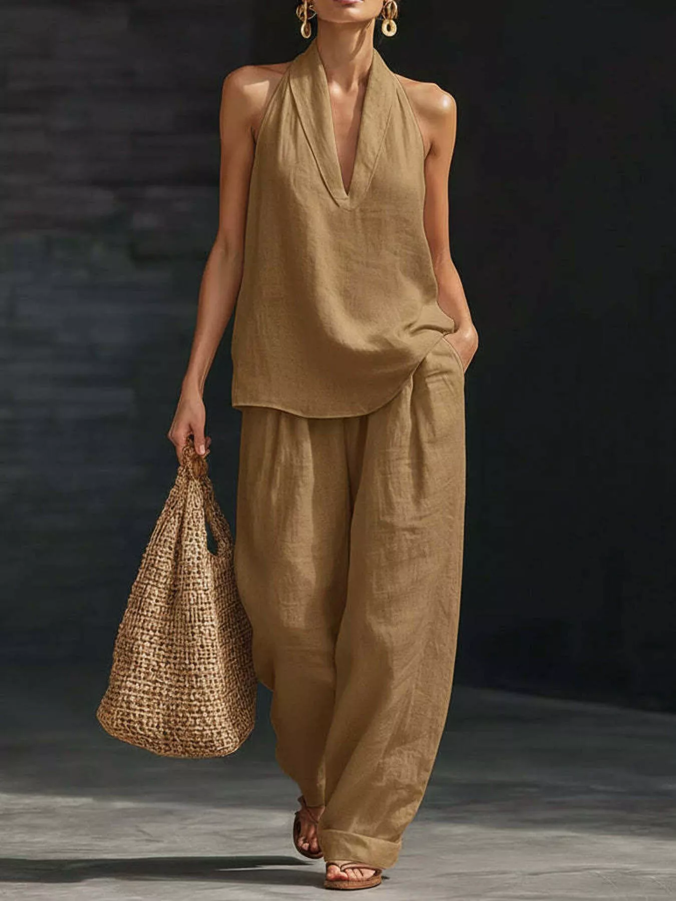 Full Size Halter Neck Cami and Wide Leg Pants Set Plus Size - Image 12