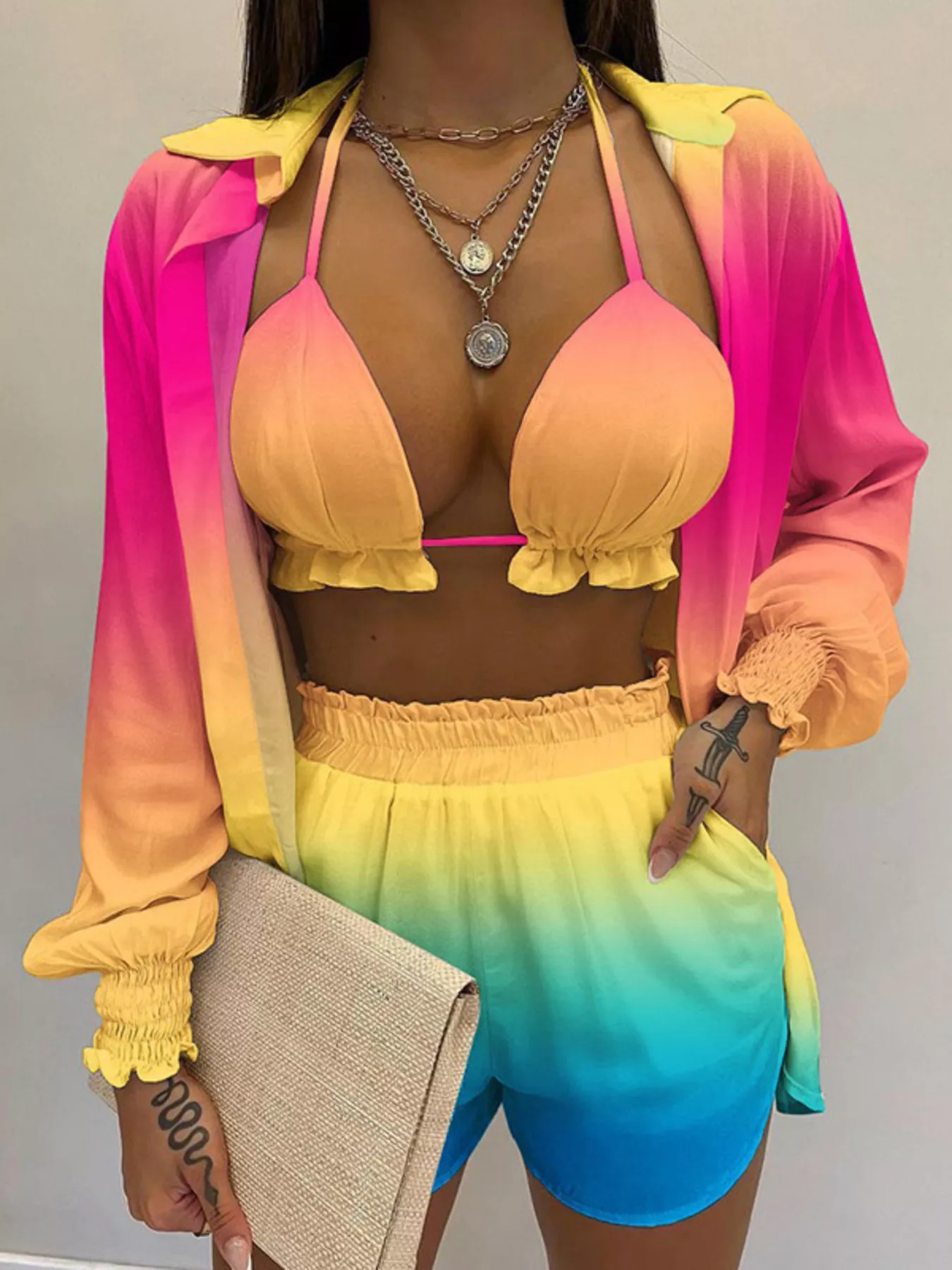 Full Size Halter Neck Cami & Shirt & Shorts 3-Piece Outfit Set Plus Size - Image 7