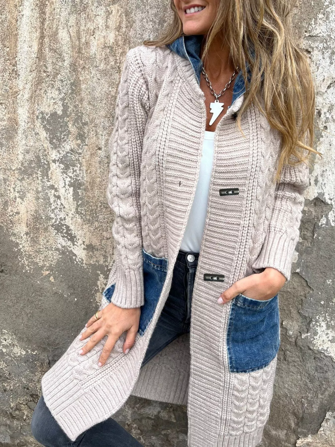 Full Size Hooded Cable Knit Longline Cardigan Plus Size - Image 2