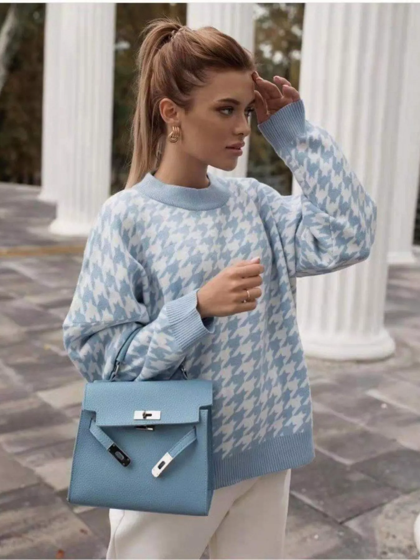 Full Size Houndstooth Pattern Oversized Sweater Plus Size - Image 10