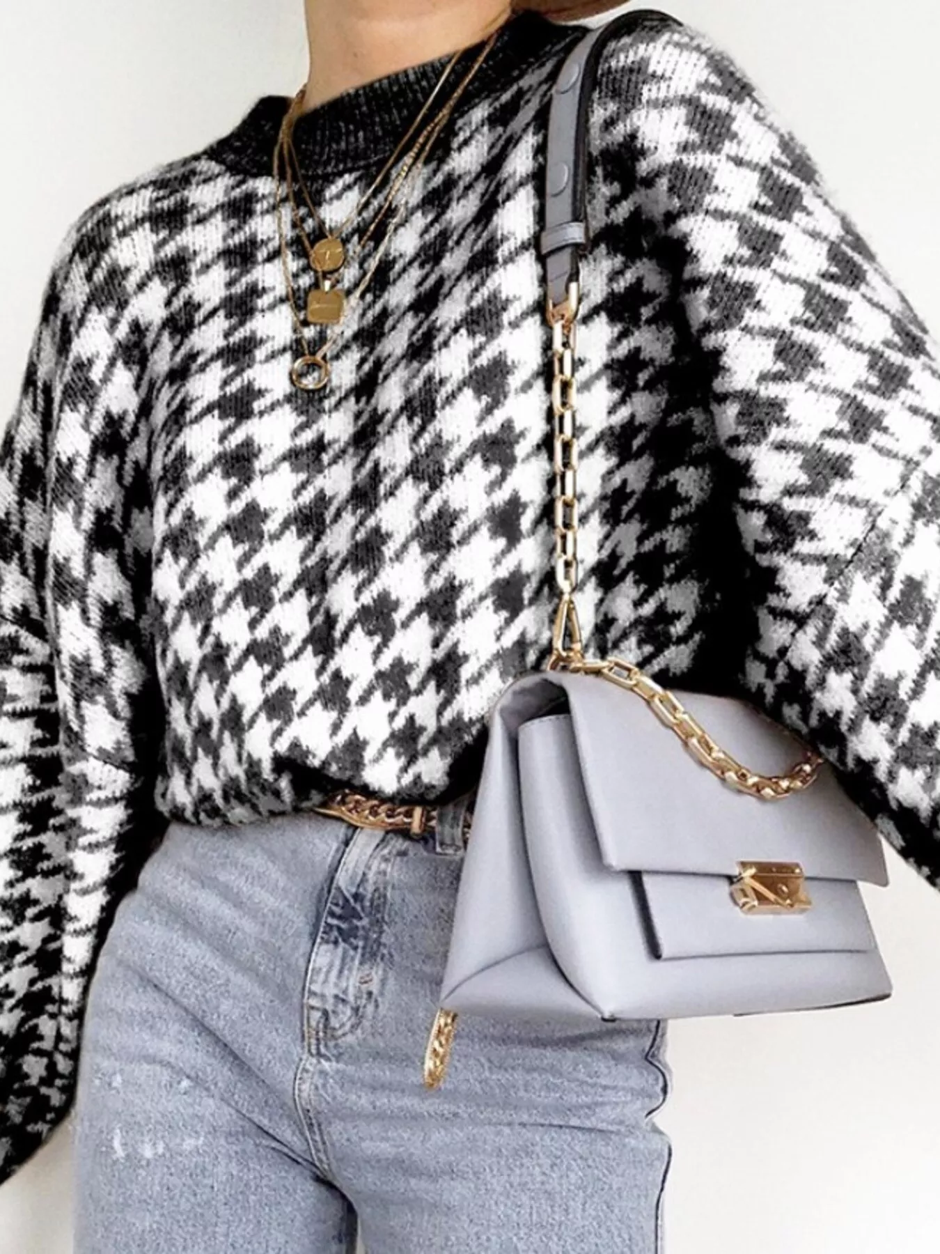Full Size Houndstooth Pattern Oversized Sweater Plus Size - Image 6