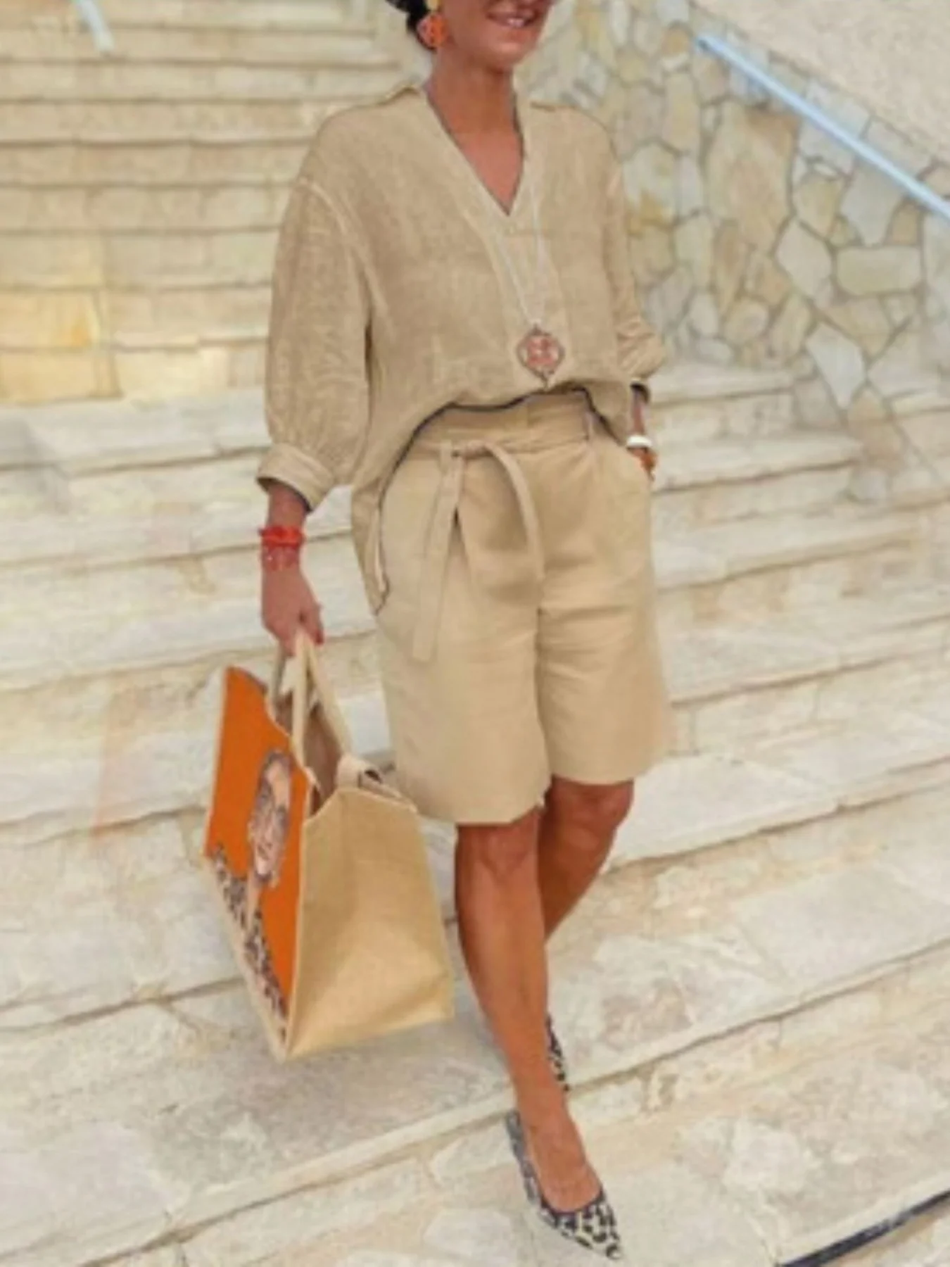 Full Size Johnny Collar 3/4 Sleeve Top and Shorts Set Plus Size - Image 10