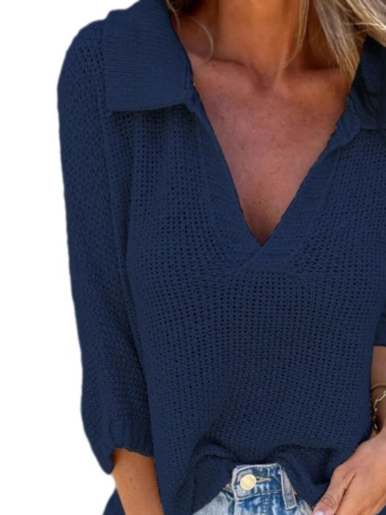 Full Size Johnny Collar Loose Knit Sweater Plus Size - Image 14