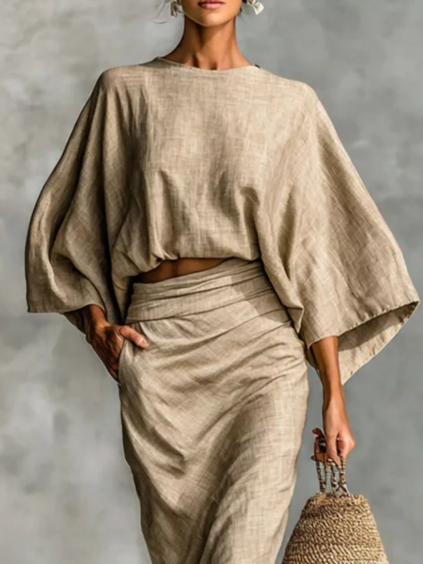 Full Size Kimono Sleeve Top and Ruched Skirt Set Plus Size - Image 2