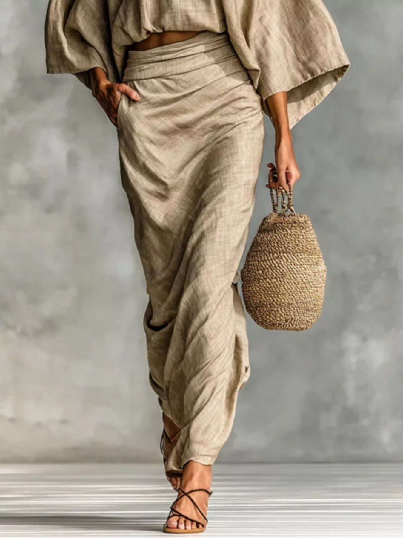 Full Size Kimono Sleeve Top and Ruched Skirt Set Plus Size - Image 3