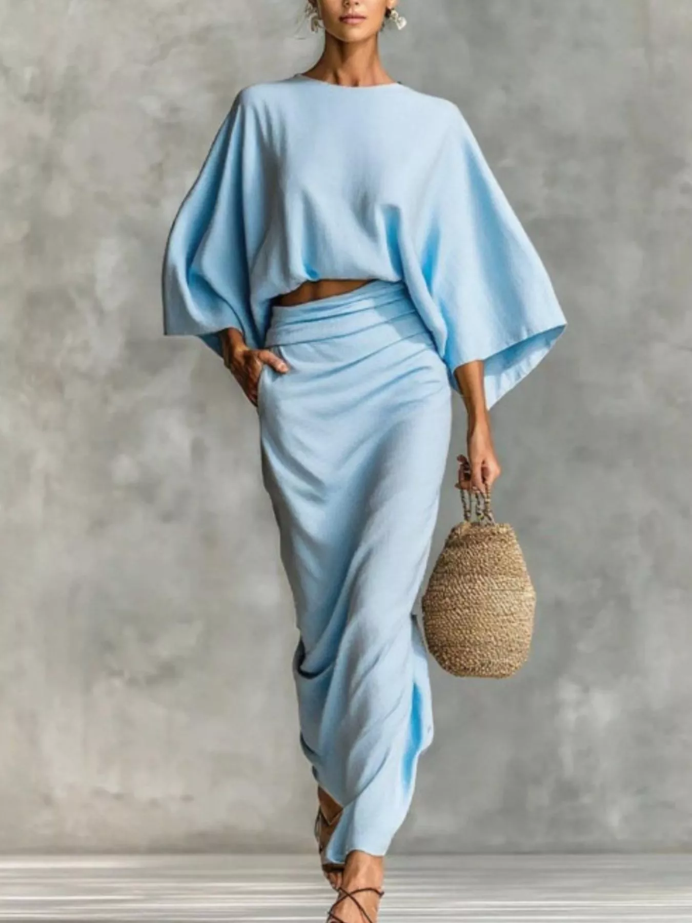 Full Size Kimono Sleeve Top and Ruched Skirt Set Plus Size - Image 4