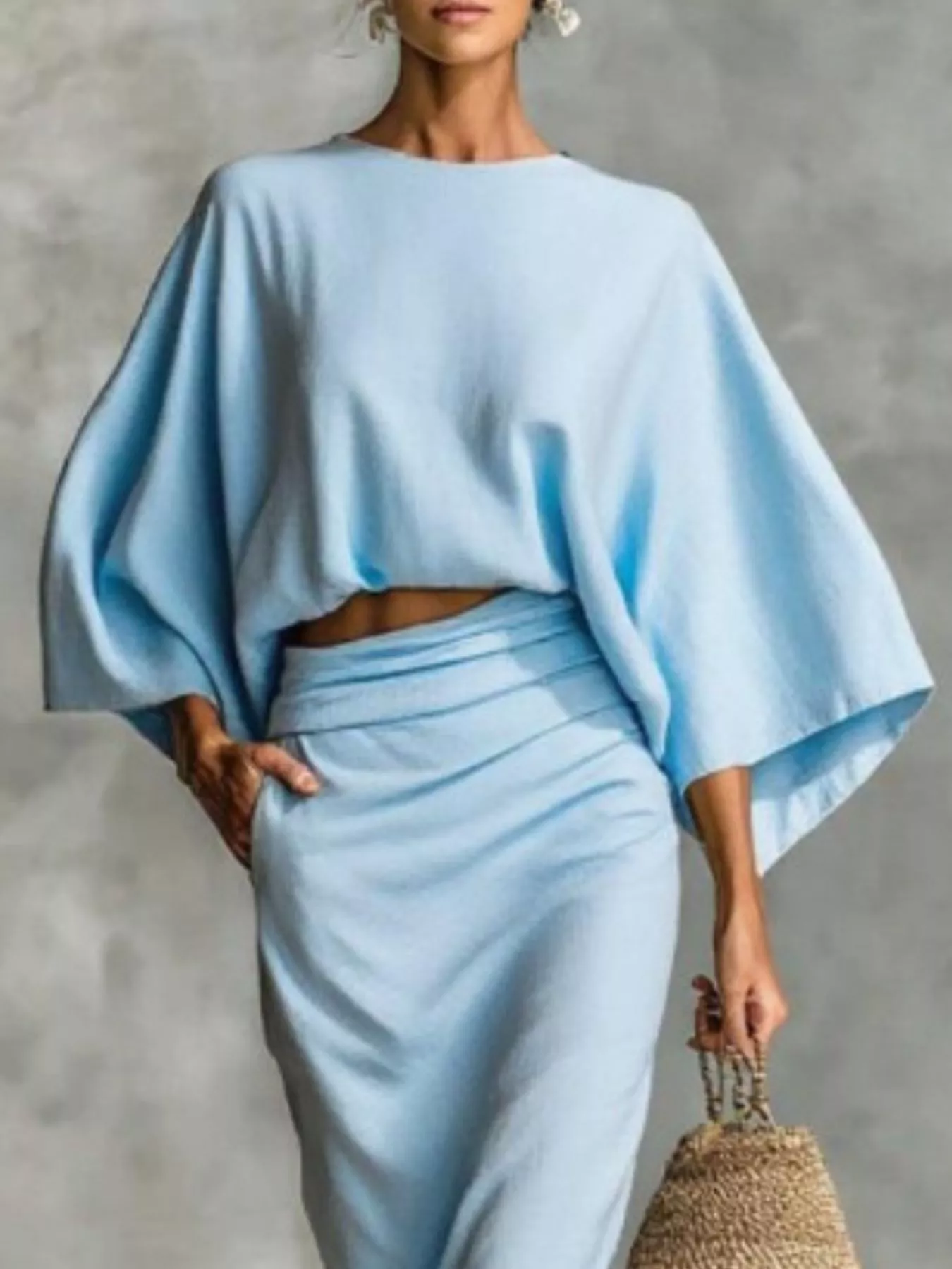 Full Size Kimono Sleeve Top and Ruched Skirt Set Plus Size - Image 5