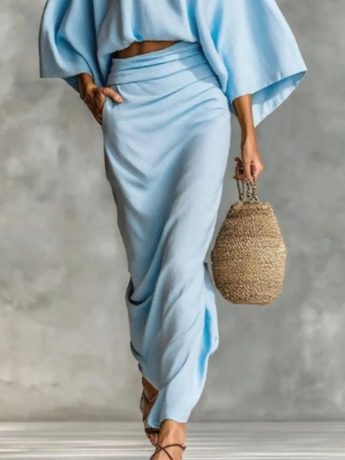 Full Size Kimono Sleeve Top and Ruched Skirt Set Plus Size - Image 6
